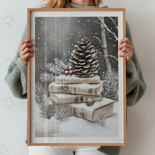 Stor kongle med små røde bær på toppen av snødekte, vintage bokstabler omgitt av vintergrønt. Illustrasjon viser plakat med hvit kantlinje i eik ramme.