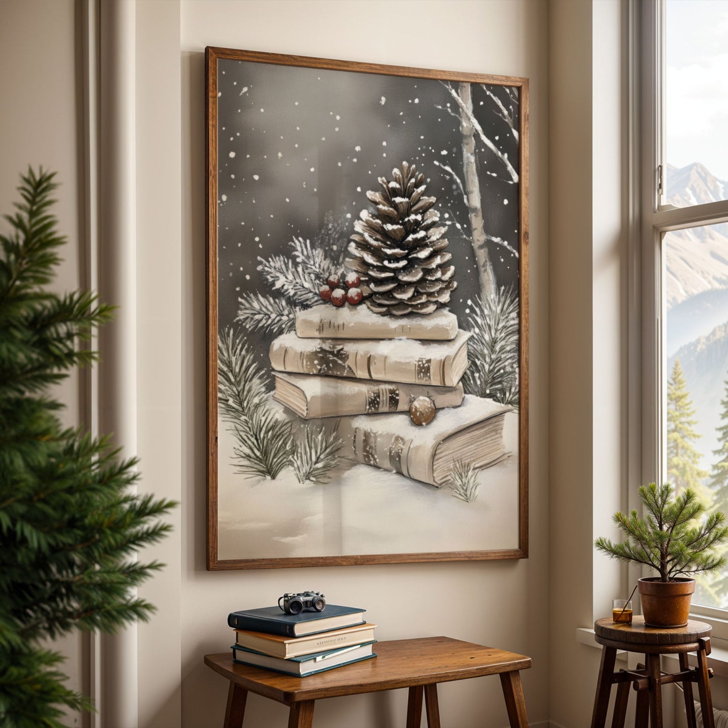 Stor kongle med små røde bær på toppen av snødekte, vintage bokstabler omgitt av vintergrønt. Illustrasjon viser plakat uten hvit kantlinje i eik ramme.