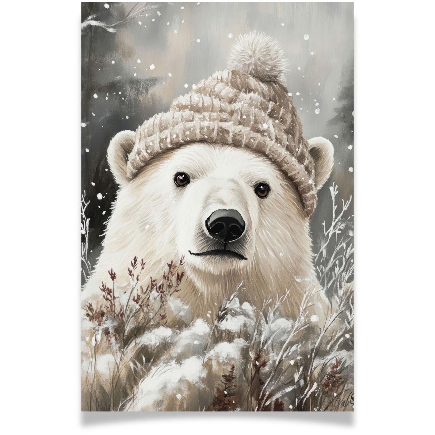 Julekort med isbjørn iført strikkelue fra Cozy Winter Story – vinterlig og sjarmerende uttrykk. Dobelt kort.