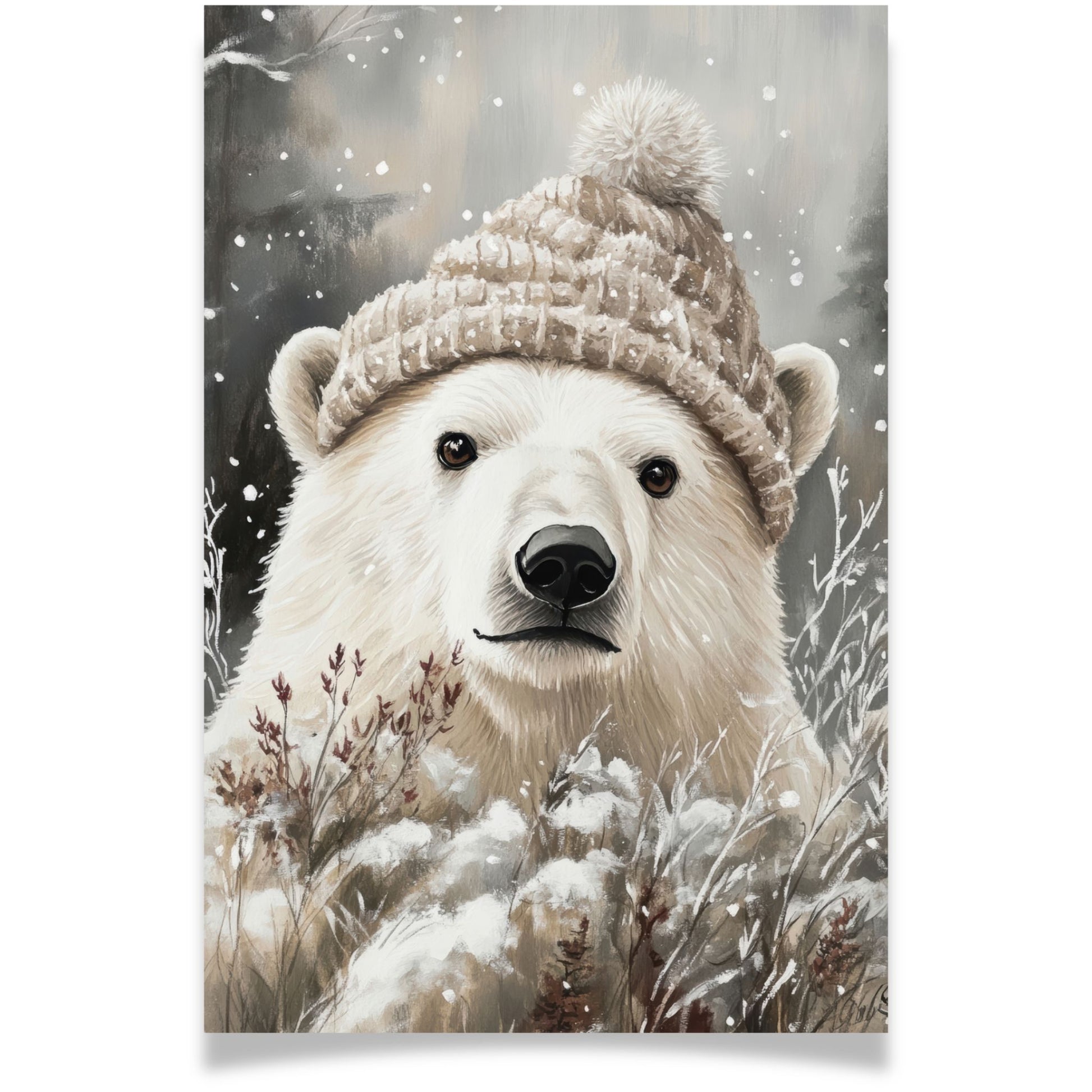 Julekort med isbjørn iført strikkelue fra Cozy Winter Story – vinterlig og sjarmerende uttrykk. Dobelt kort.