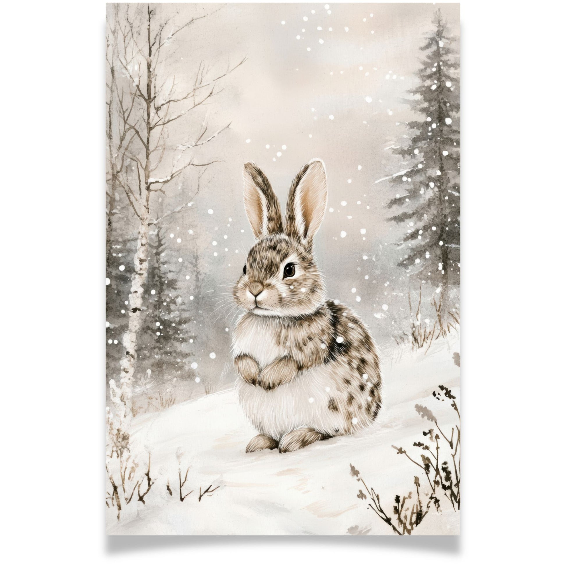 Julekort med hare i vinterlandskap fra Cozy Winter Story – koselig motiv med natur og snø. dobelt kort.