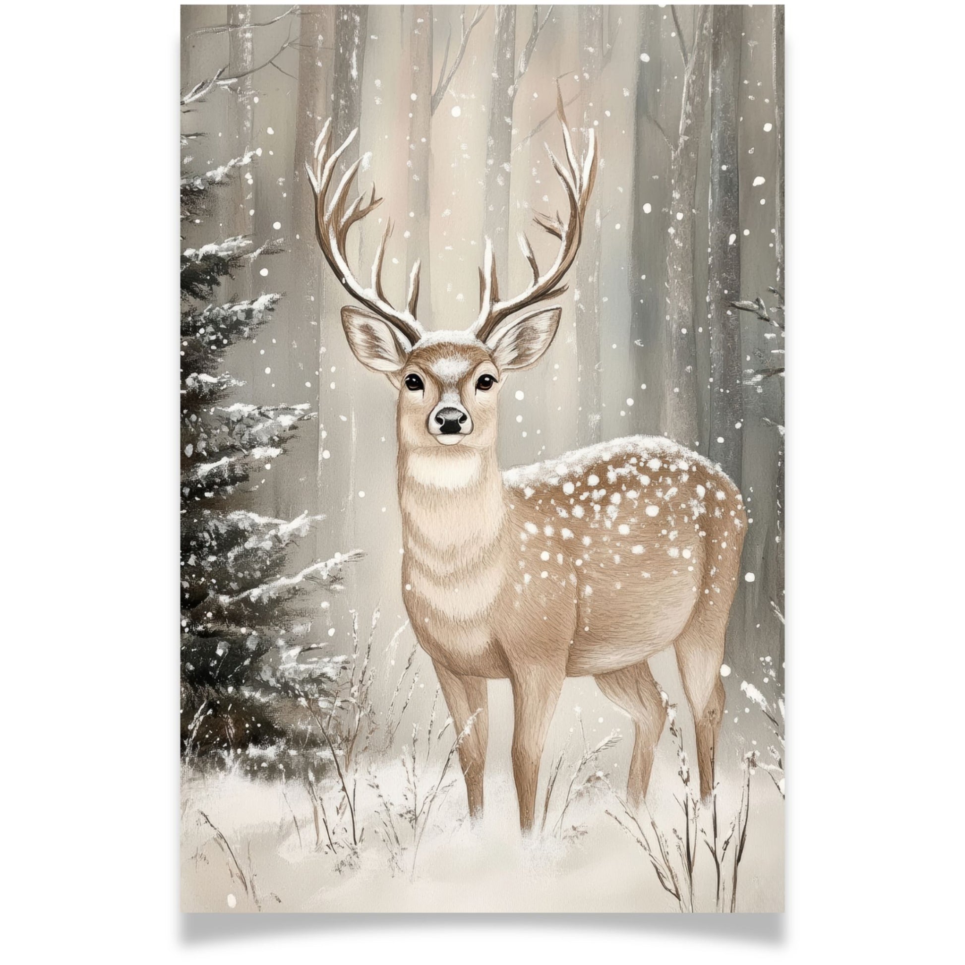 Julekort med hjort i vinterskog fra Cozy Winter Story – stemningsfullt motiv i nordisk stil. Dobelt kort.