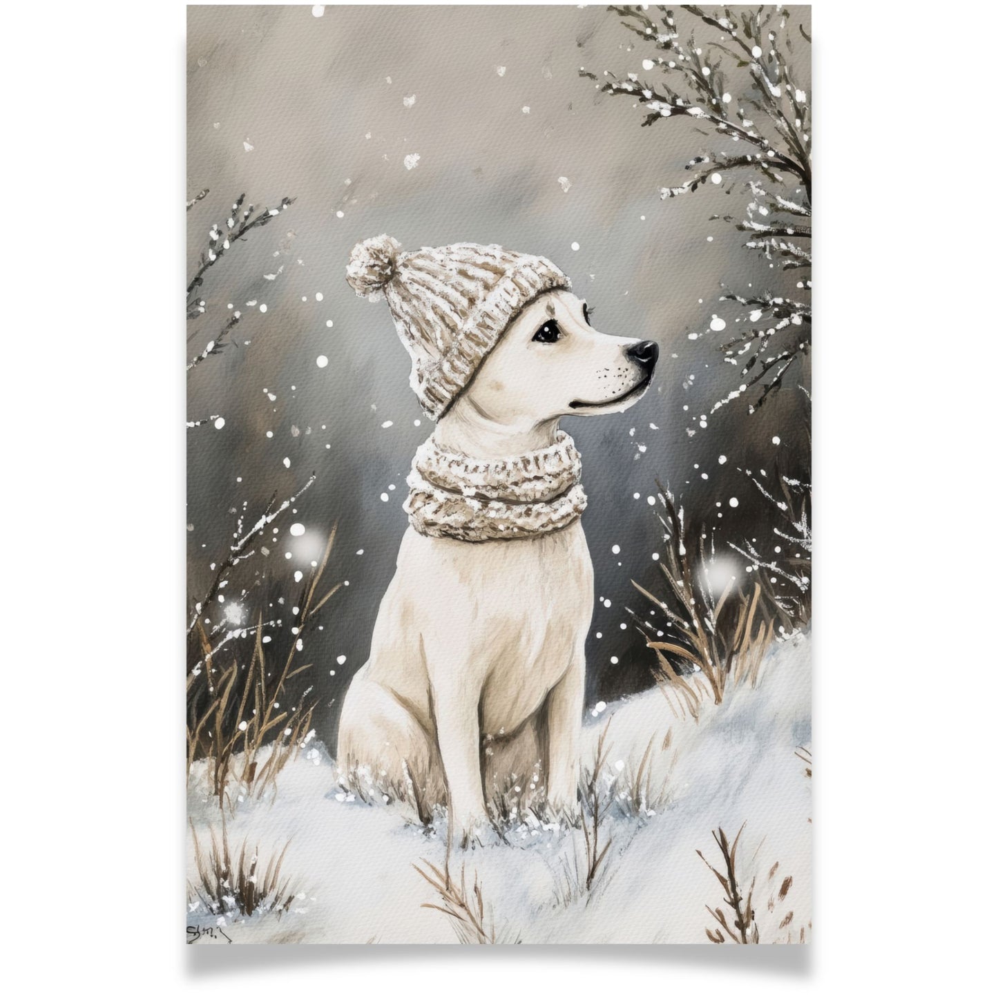 Julekort med hund i vinterlue og skjerf fra Cozy Winter Story – koselig vintermotiv. Dobelt kort.