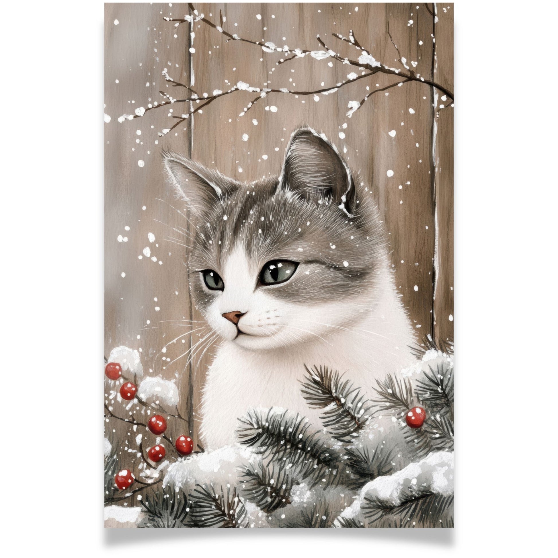 Julekort med katt og røde bær fra Cozy Winter Story – søtt vintermotiv med naturdetaljer. Dobelt kort.