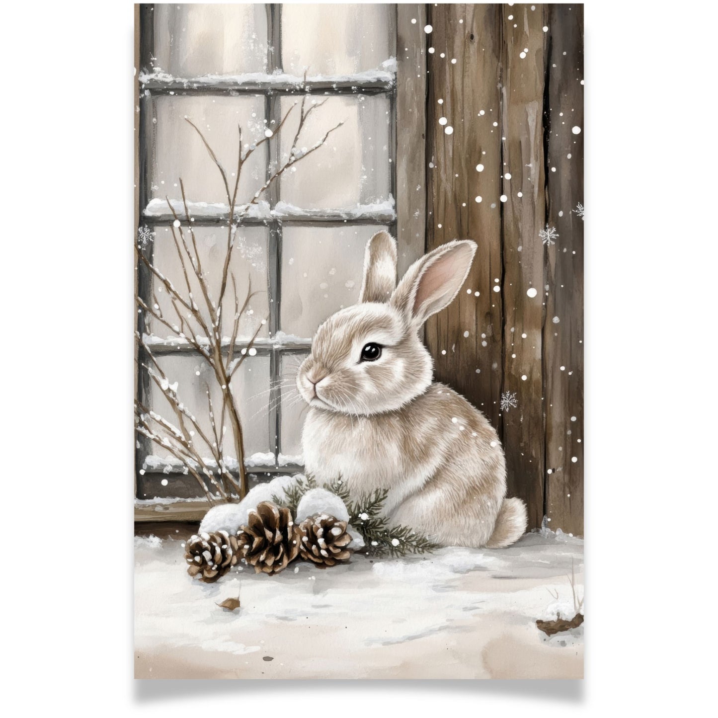 Julekort med hare utenfor vindu fra Cozy Winter Story – nostalgisk vintermotiv med granbar og kongler. Dobelt kort.