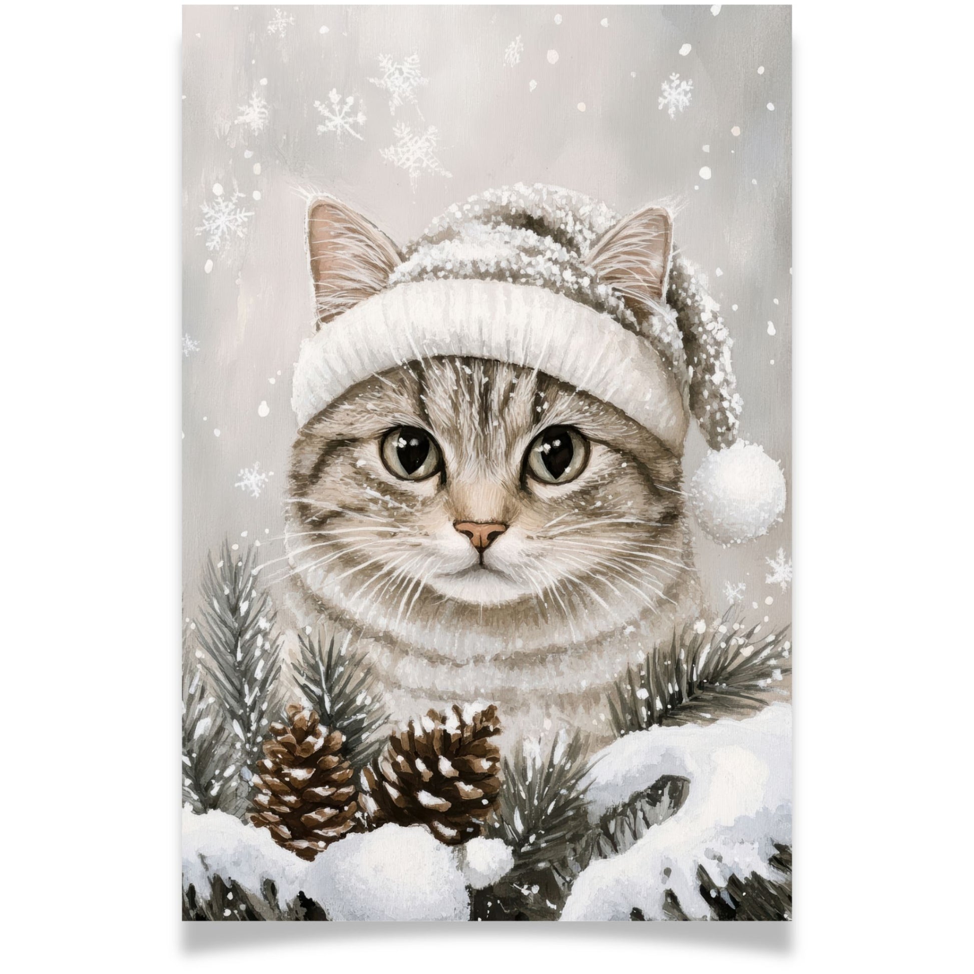 Julekort med katt i nisselue fra Cozy Winter Story – sjarmerende julemotiv med vinterstemning. Dobelt kort. Mix 1.