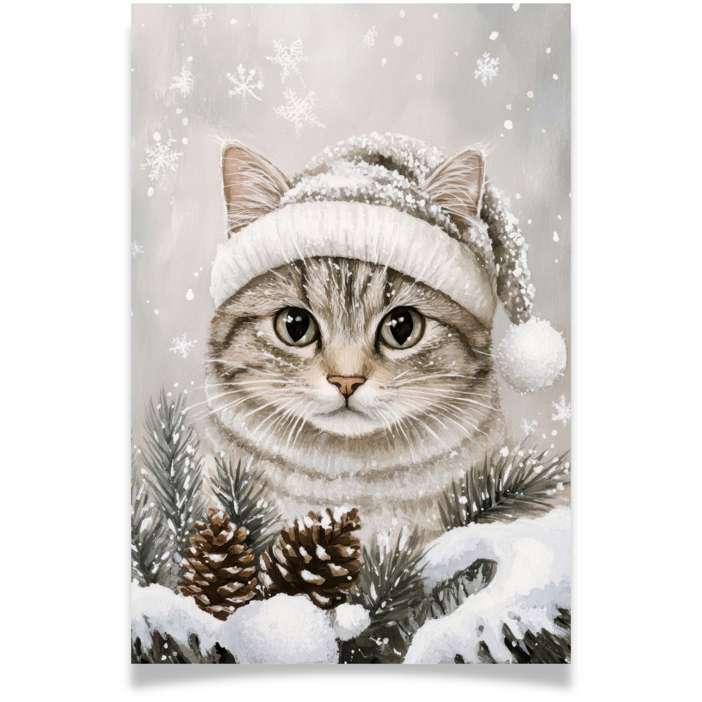 Julekort med katt i nisselue fra Cozy Winter Story – sjarmerende julemotiv med vinterstemning. Dobelt kort.