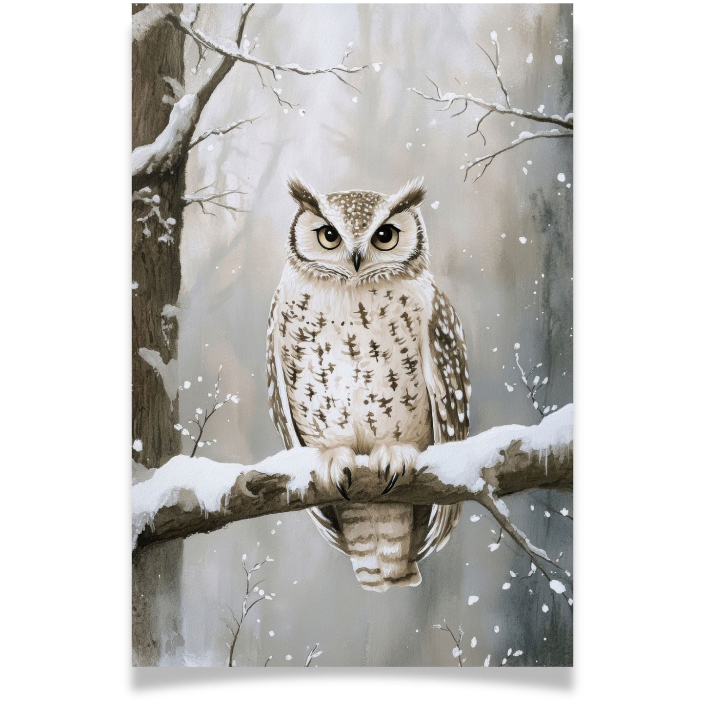 Julekort med ugle på snødekket gren fra Cozy Winter Story – rolig og stemningsfullt vintermotiv. Dobelt kort.