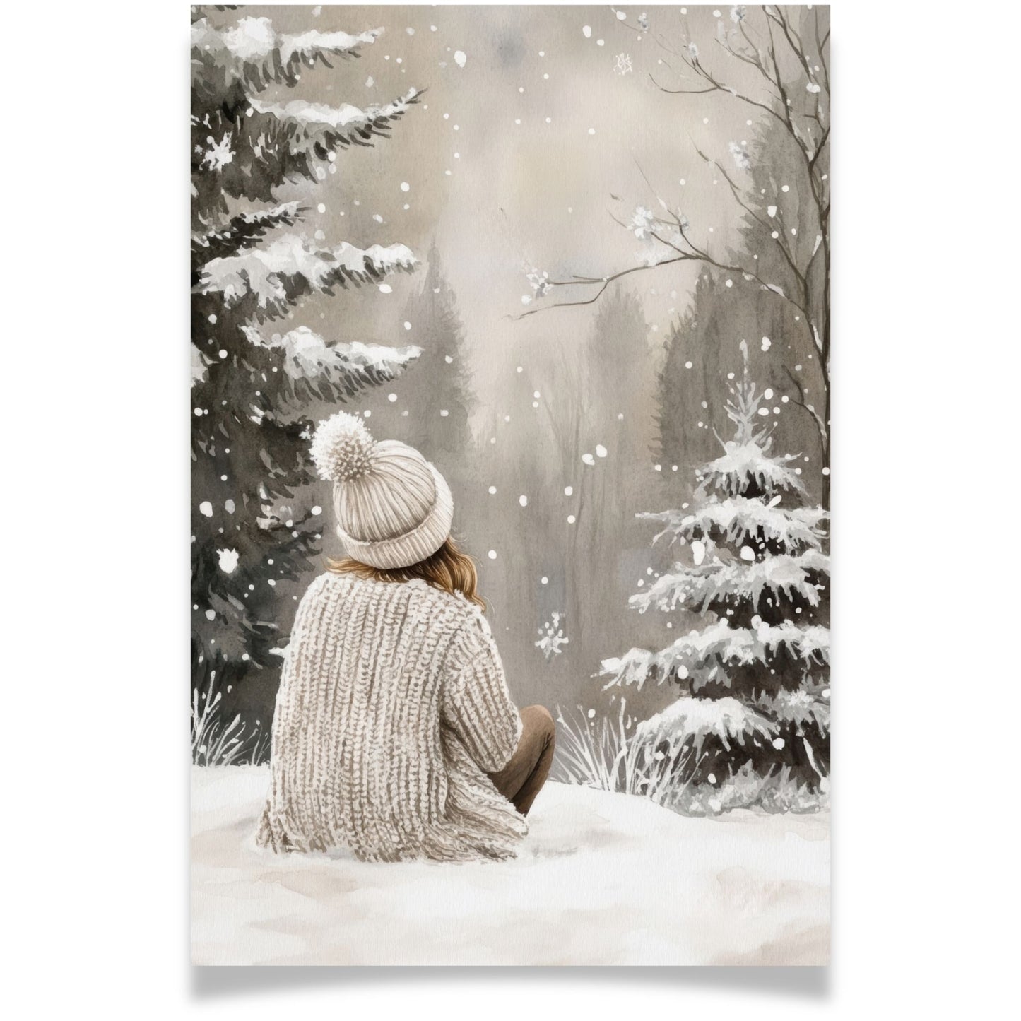 Julekort med jente i strikkelue som ser på snøfall i skogen – Cozy Winter Story Collection. Valgfritt med personlig hilsen.