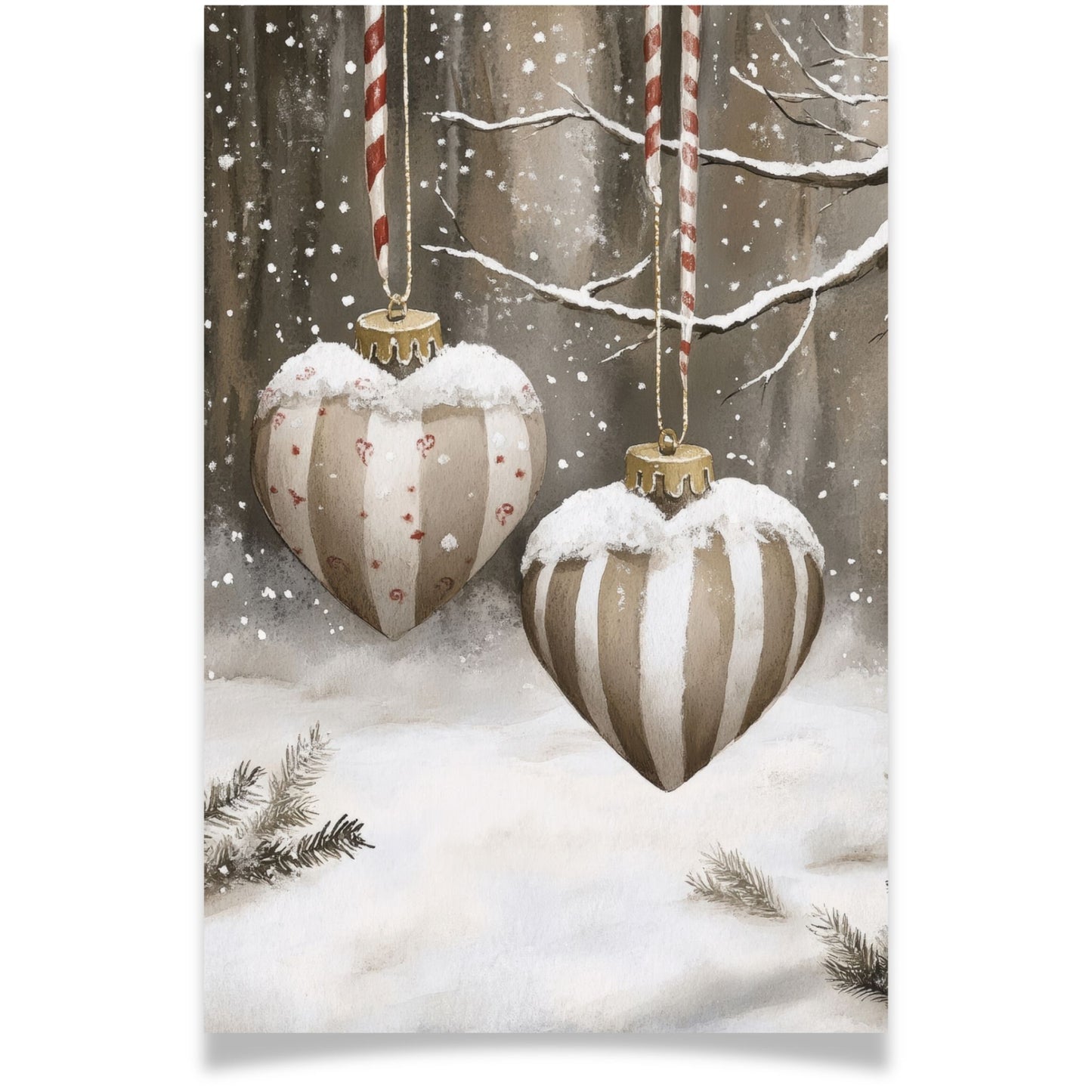 Julekort med to hengende julehjerter med røde bånd fra Cozy Winter Story – klassisk og romantisk julestemning. Med personlig hilsen.