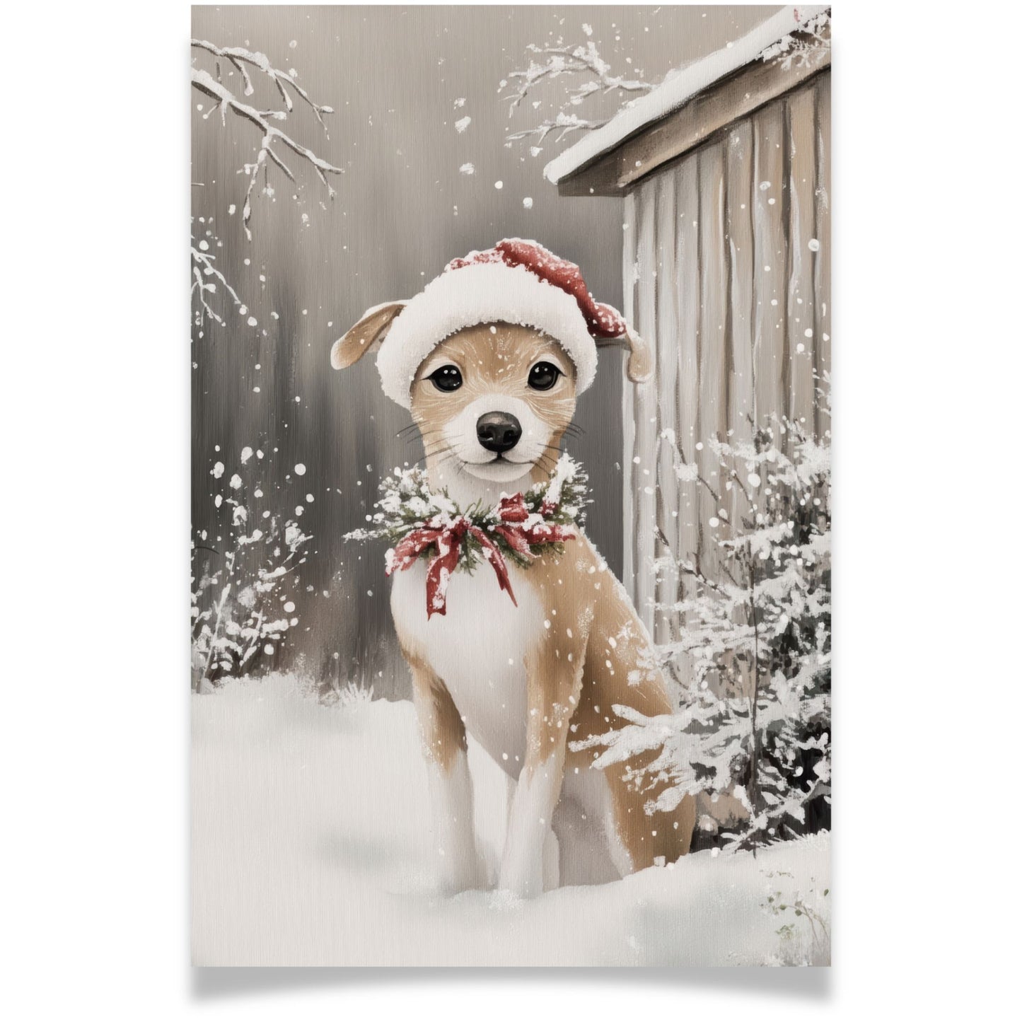 Julekort med hund i nisselue fra Cozy Winter Story – sjarmerende vintermotiv med røde detaljer. Med personlig hilsen.