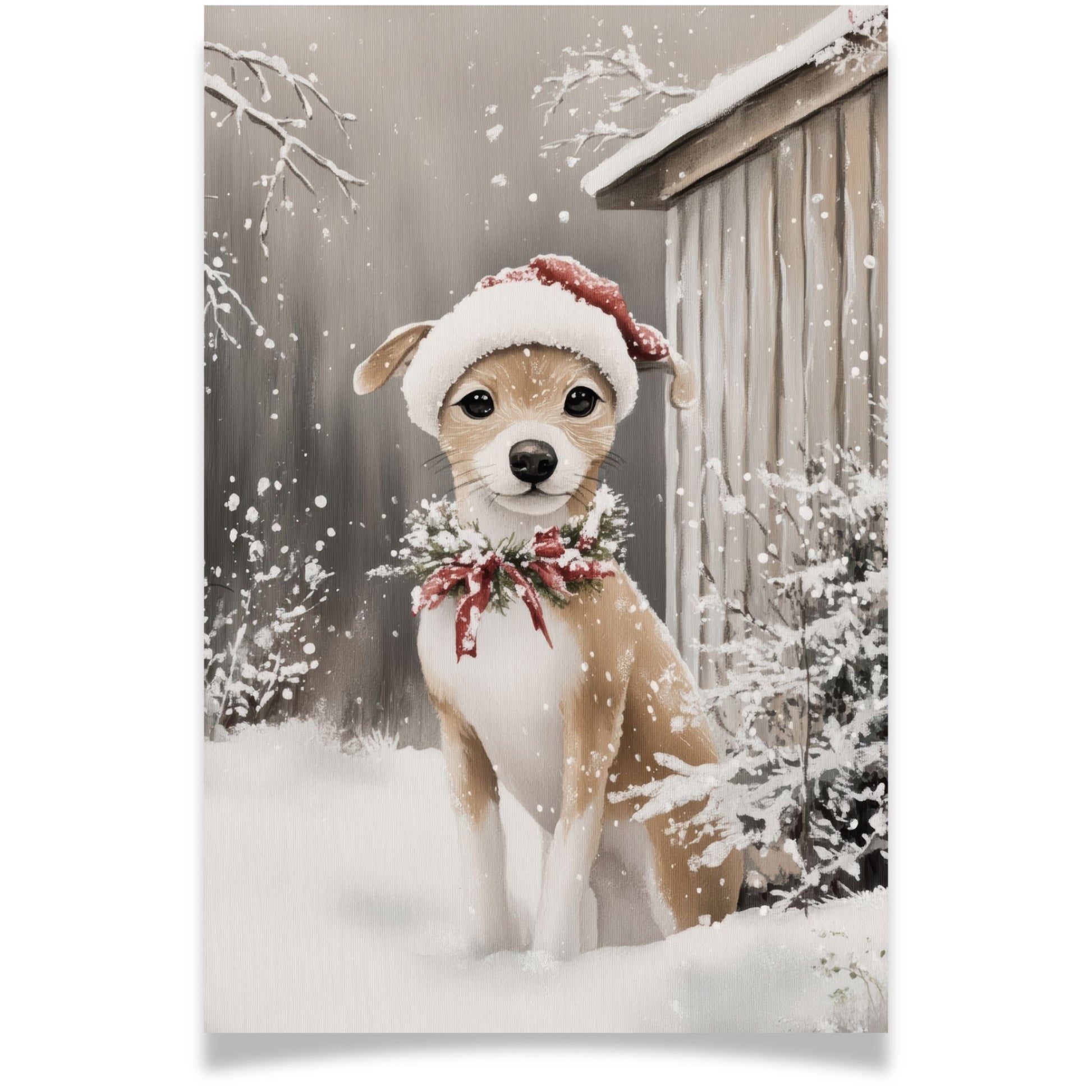 Julekort med hund i nisselue fra Cozy Winter Story – sjarmerende vintermotiv med røde detaljer. Med personlig hilsen.