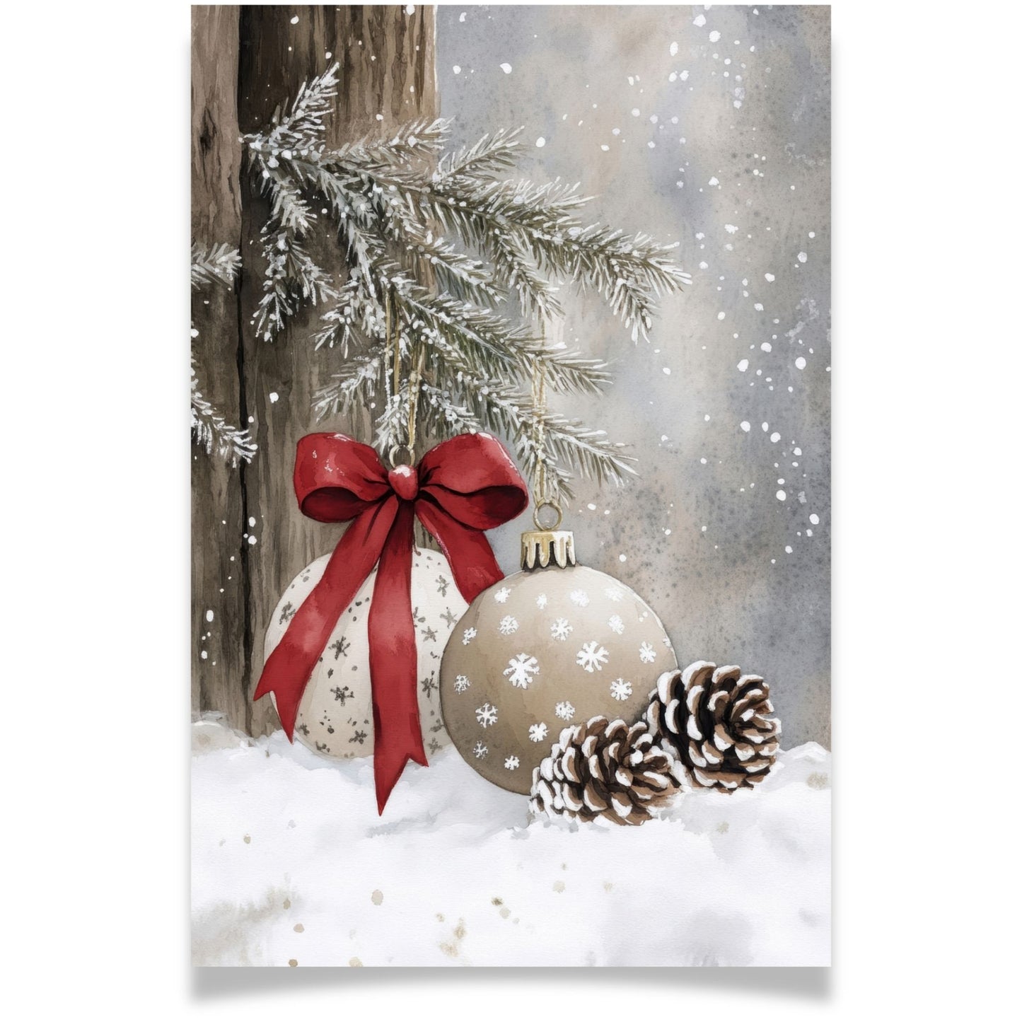 Julekort med julekuler, kongler og rød sløyfe fra Cozy Winter Story – elegant og vinterlig motiv. Med personlig hilsen.