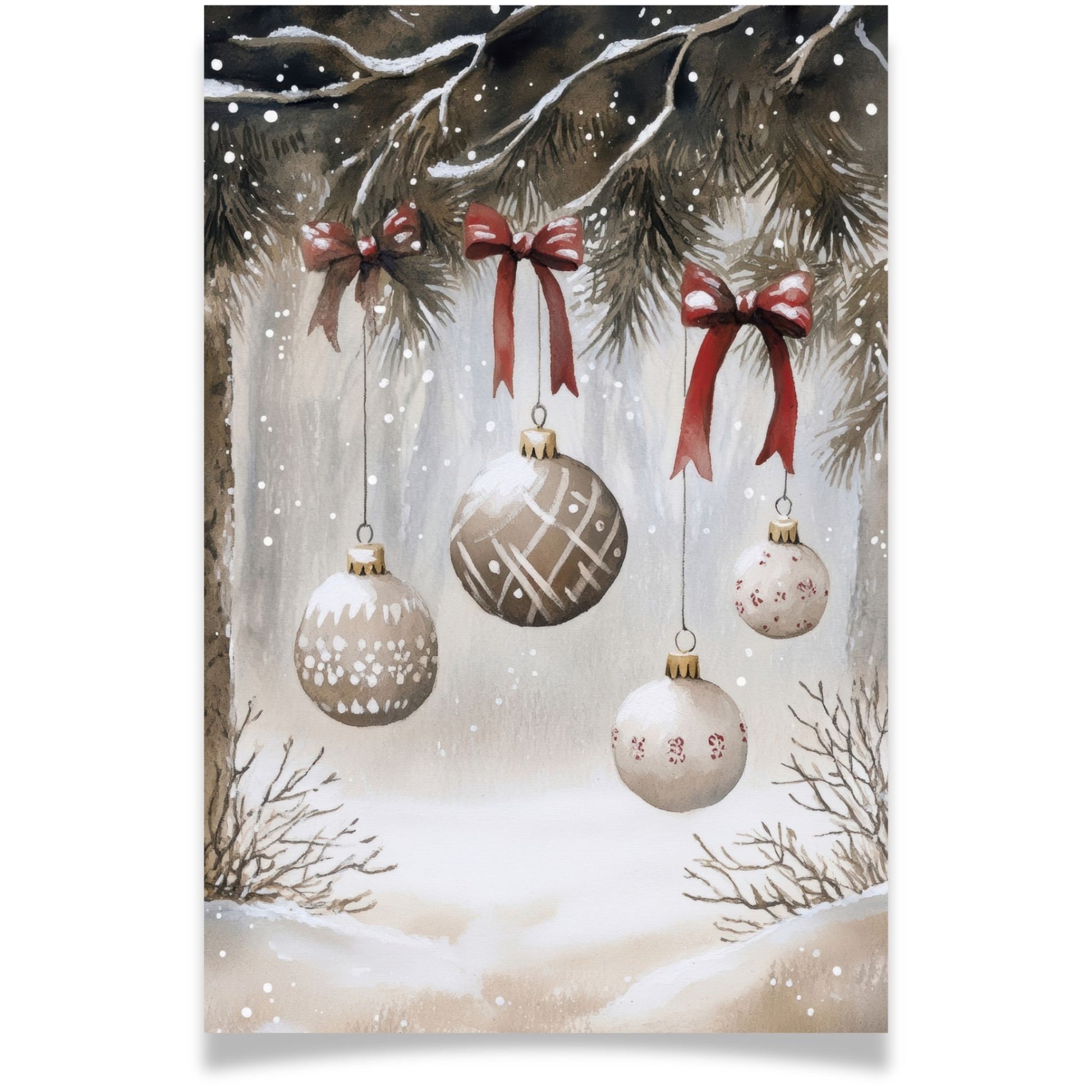 Julekort med julekuler og røde sløyfer fra Cozy Winter Story – klassisk julestemning i myke naturfarger. Med personlig hilsen