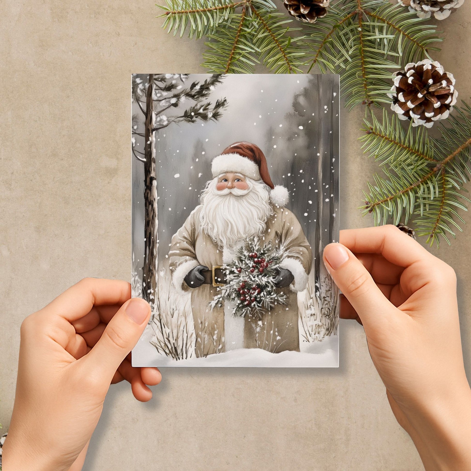 Julekort med julenisse som holder en bærbukett fra Cozy Winter Story – varm og tradisjonell julehilsen. Dobbelt kort med personlig hilsen.