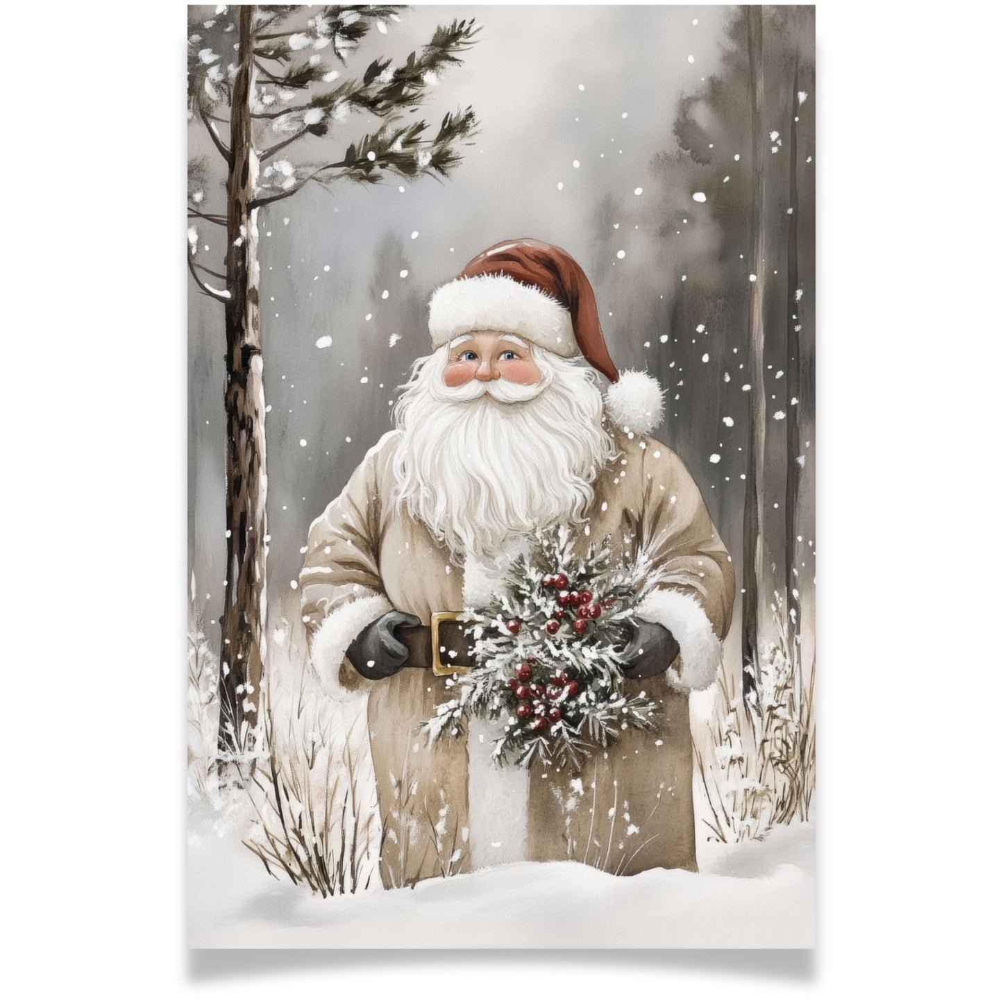 Julekort med julenisse som holder en bærbukett fra Cozy Winter Story – varm og tradisjonell julehilsen. Med personlig hilsen.