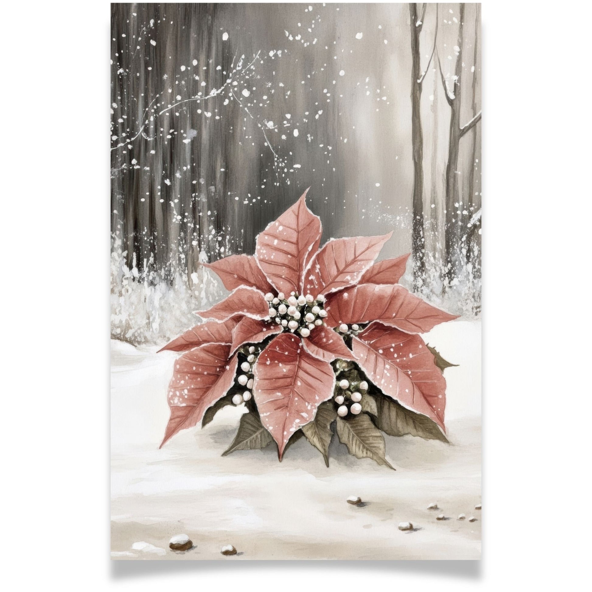 Julekort med rød julestjerne i vinterlandskap fra Cozy Winter Story – tradisjonelt julemotiv med varm fargetone. Med personlig hilsen.