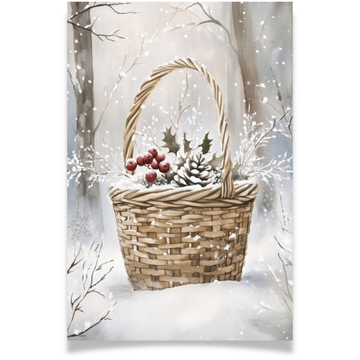 Julekort med flettet kurv fylt med kongler og røde bær fra Cozy Winter Story – delikat vintermotiv i naturtoner. Med personlig hilsen.