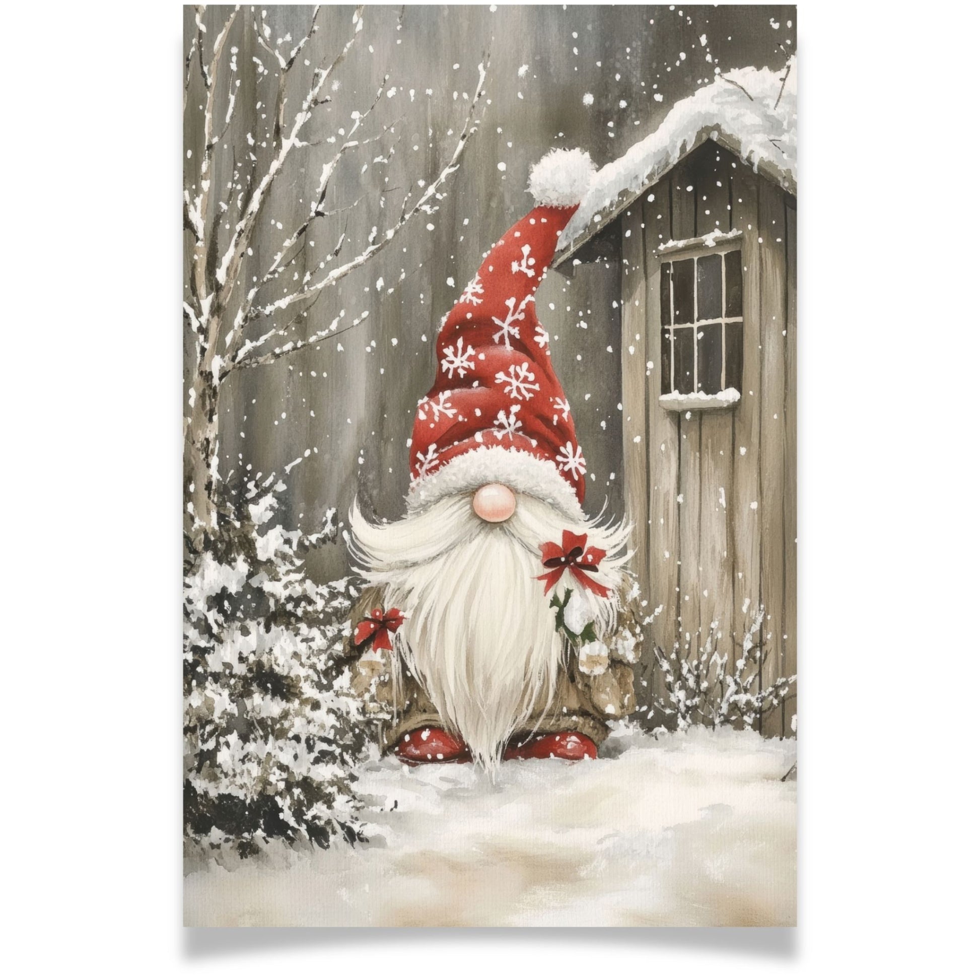 Julekort med nisse i rød lue fra Cozy Winter Story – koselig vintermotiv med nostalgisk preg. Med personlig hilsen.