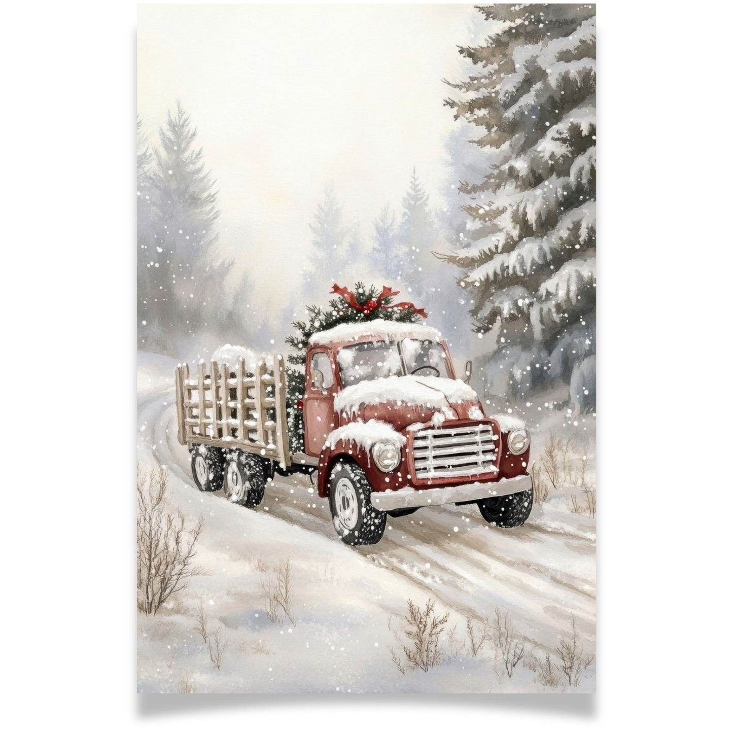 Julekort med en rød lastebil i vinterlandskap. Med personlig hilsen.