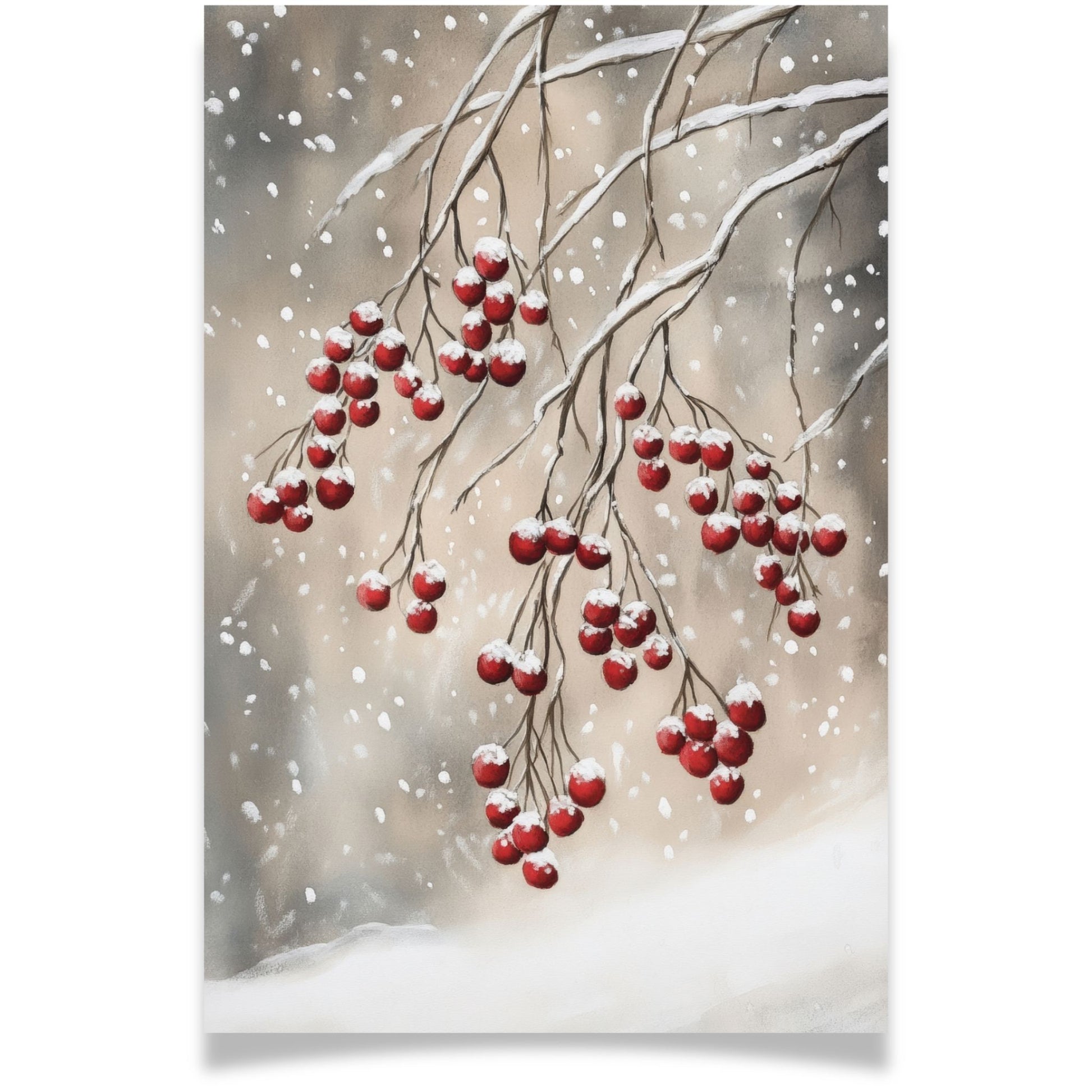 Julekort med røde bær på snødekte greiner fra Cozy Winter Story – enkelt og stemningsfullt vintermotiv. Med personlig hilsen.