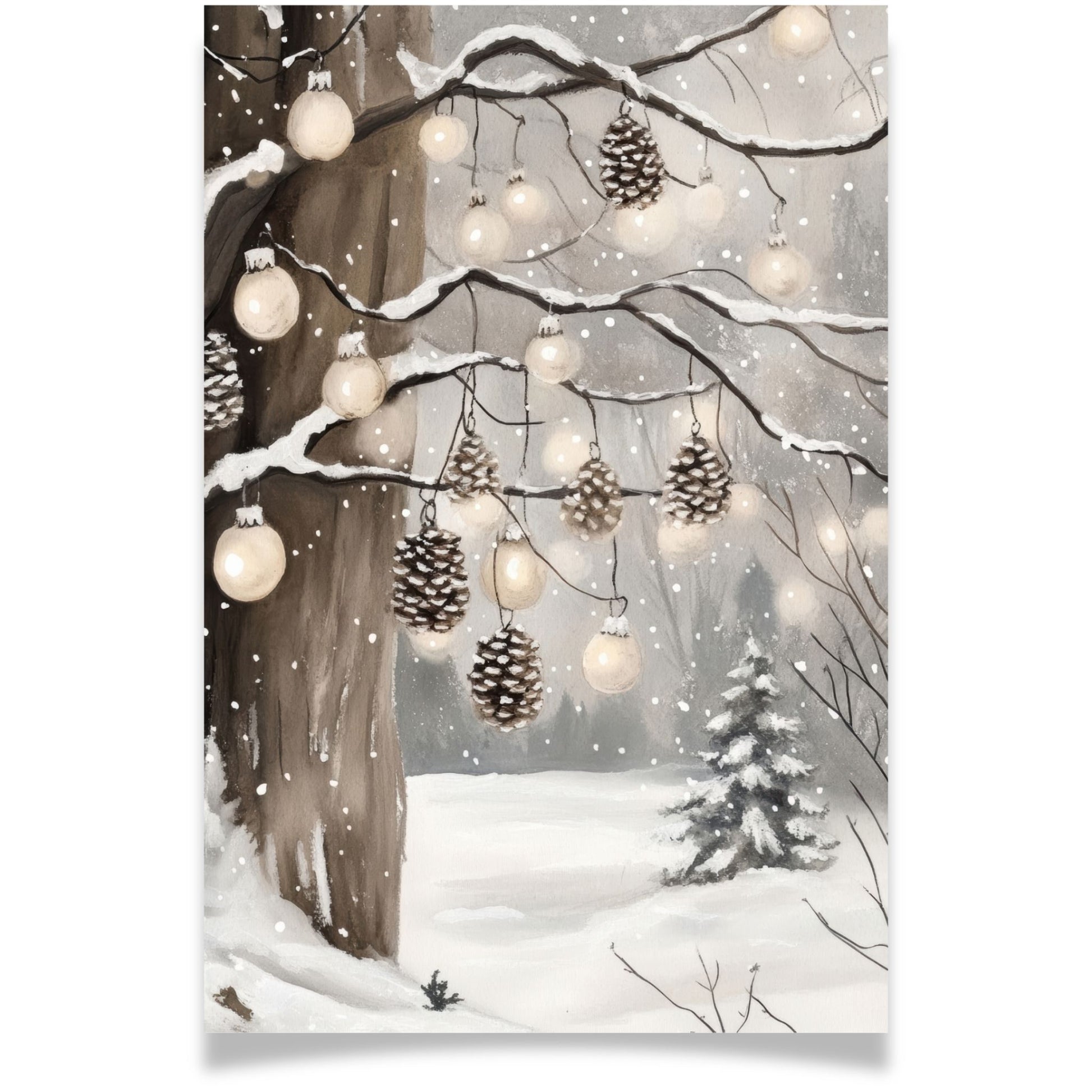 Julekort med lysende kongler og julekuler på snødekket grein – Cozy Winter Story Collection Doble kort med personlig hilsen.