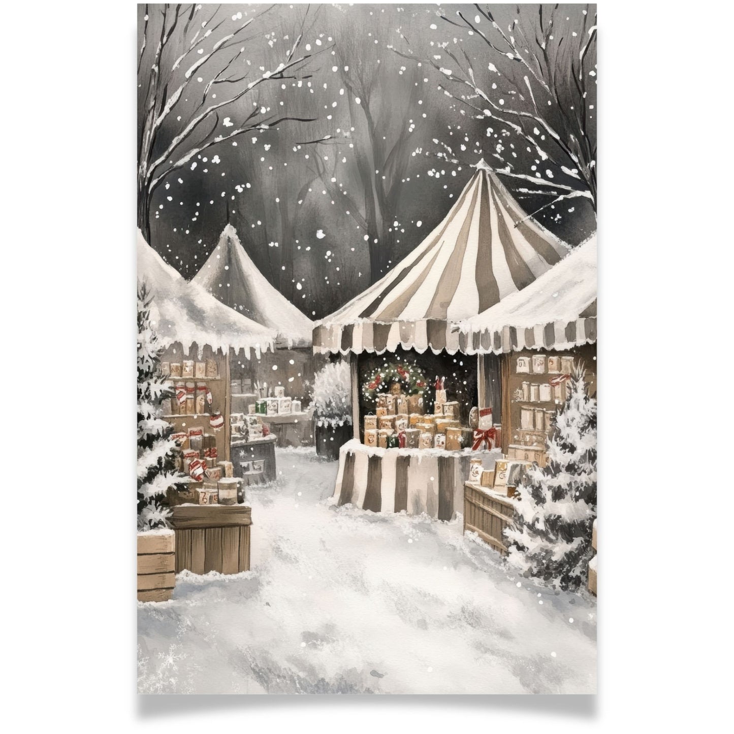 Julekort med vintermarked og snø – Cozy Winter Story Collection. Doble kort med personli hilsen.