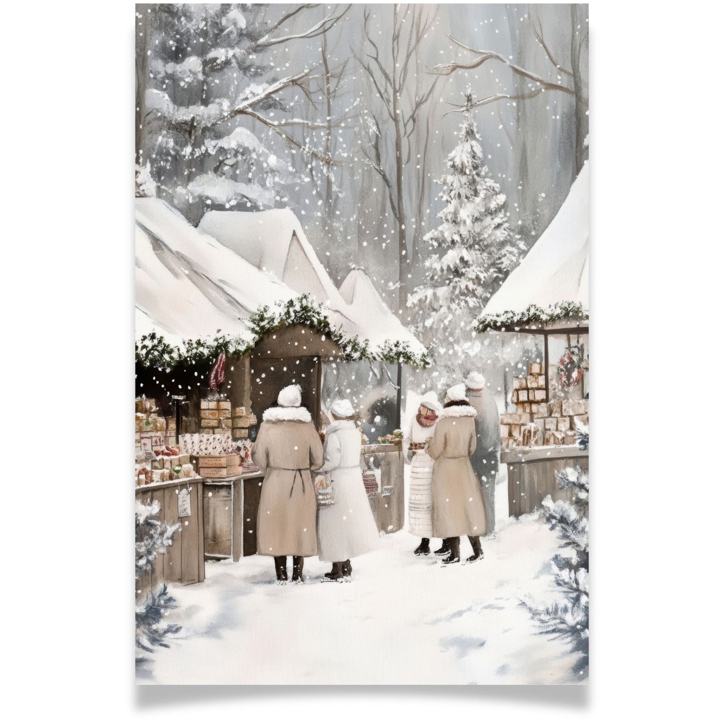 Julekort med folk på julemarked omgitt av snø – Cozy Winter Story Collection Kort med personlig hilsen.