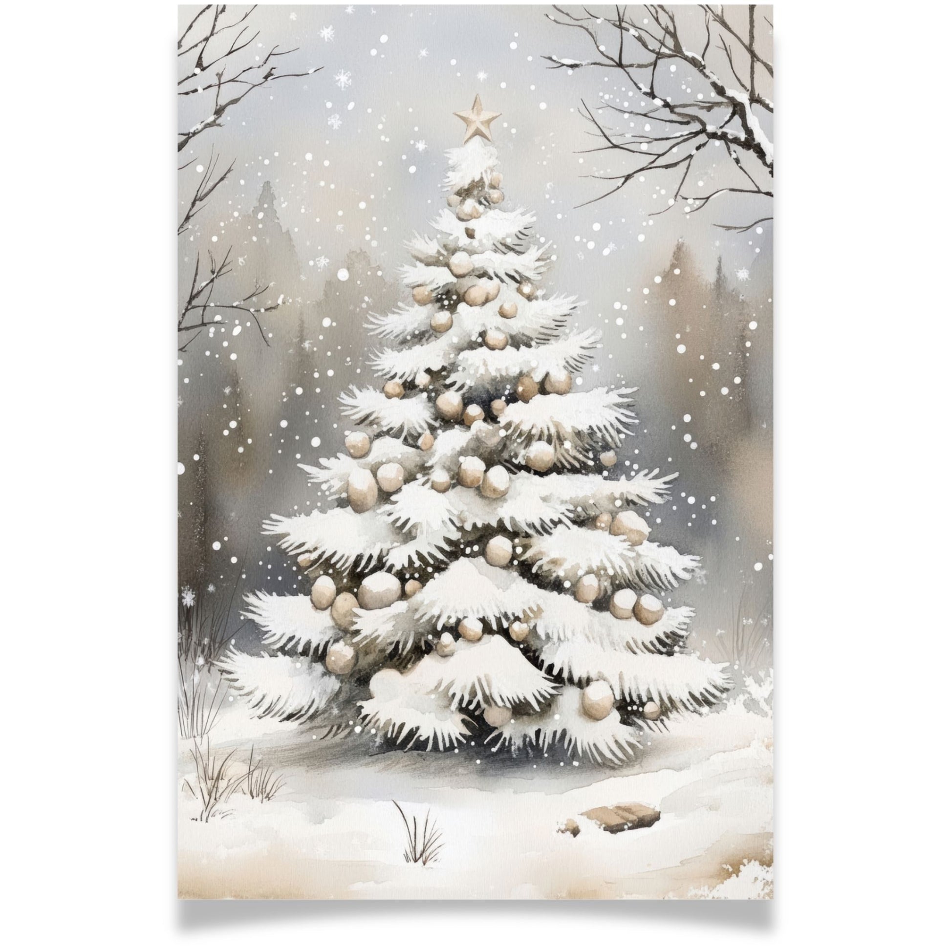 Julekort med juletre pyntet i hvitt og gull – Cozy Winter Story Collection. Lort med personlig hilsen.