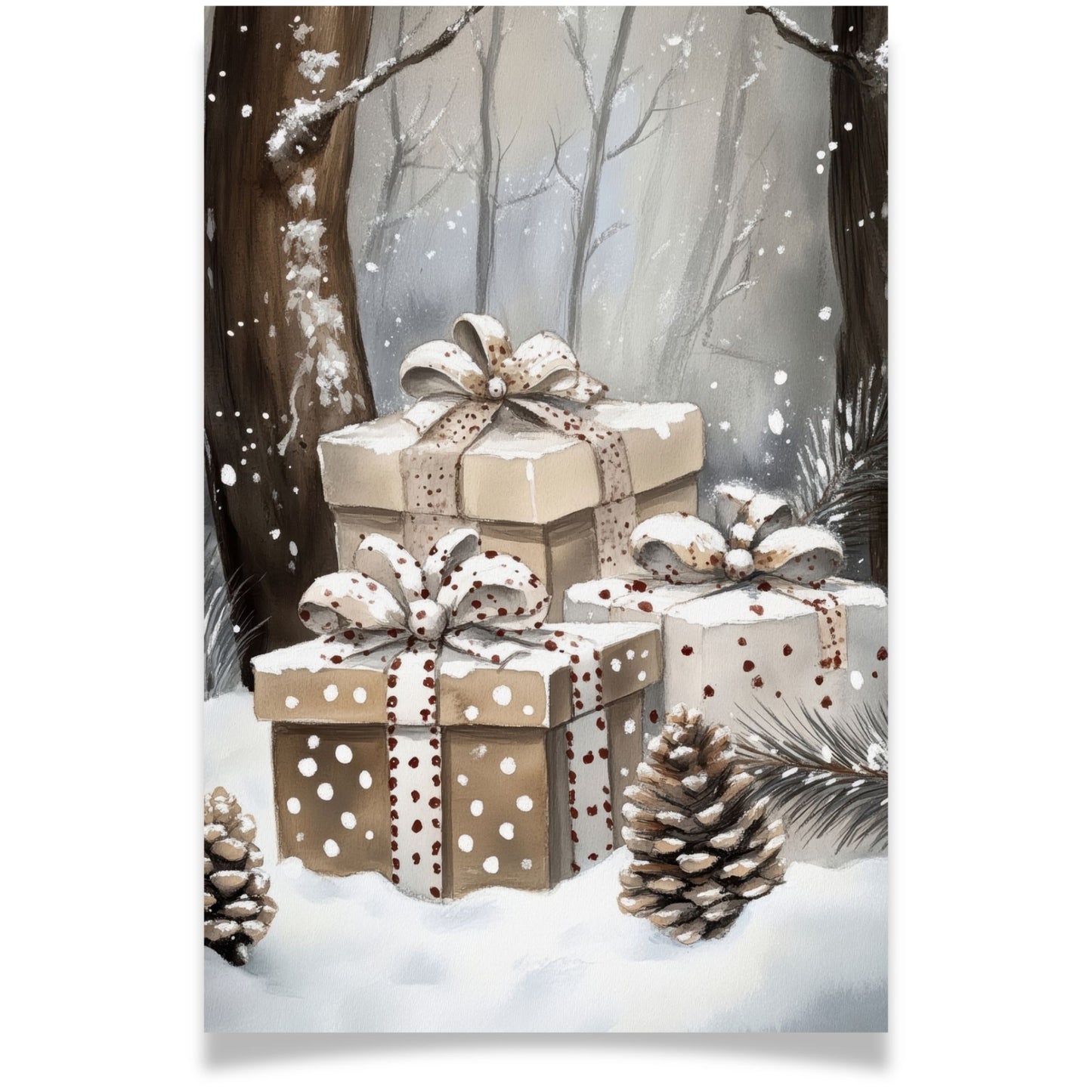 Julekort med gaver i snølandskap og naturtoner – Cozy Winter Story Collection. Med personlig hilsen.