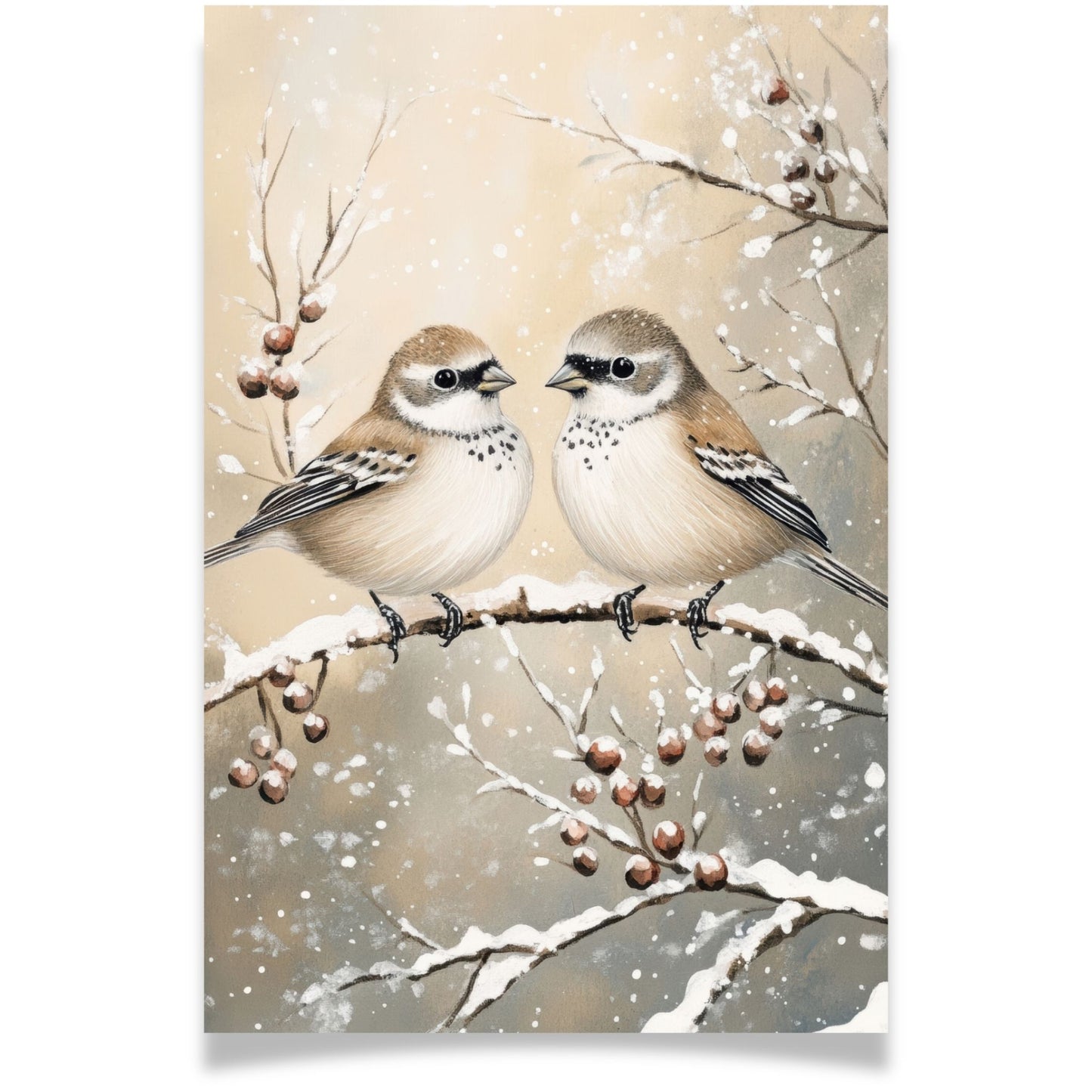 Julekort med to små fugler på snødekket gren – Cozy Winter Story Collection. Med personlig hilsen.