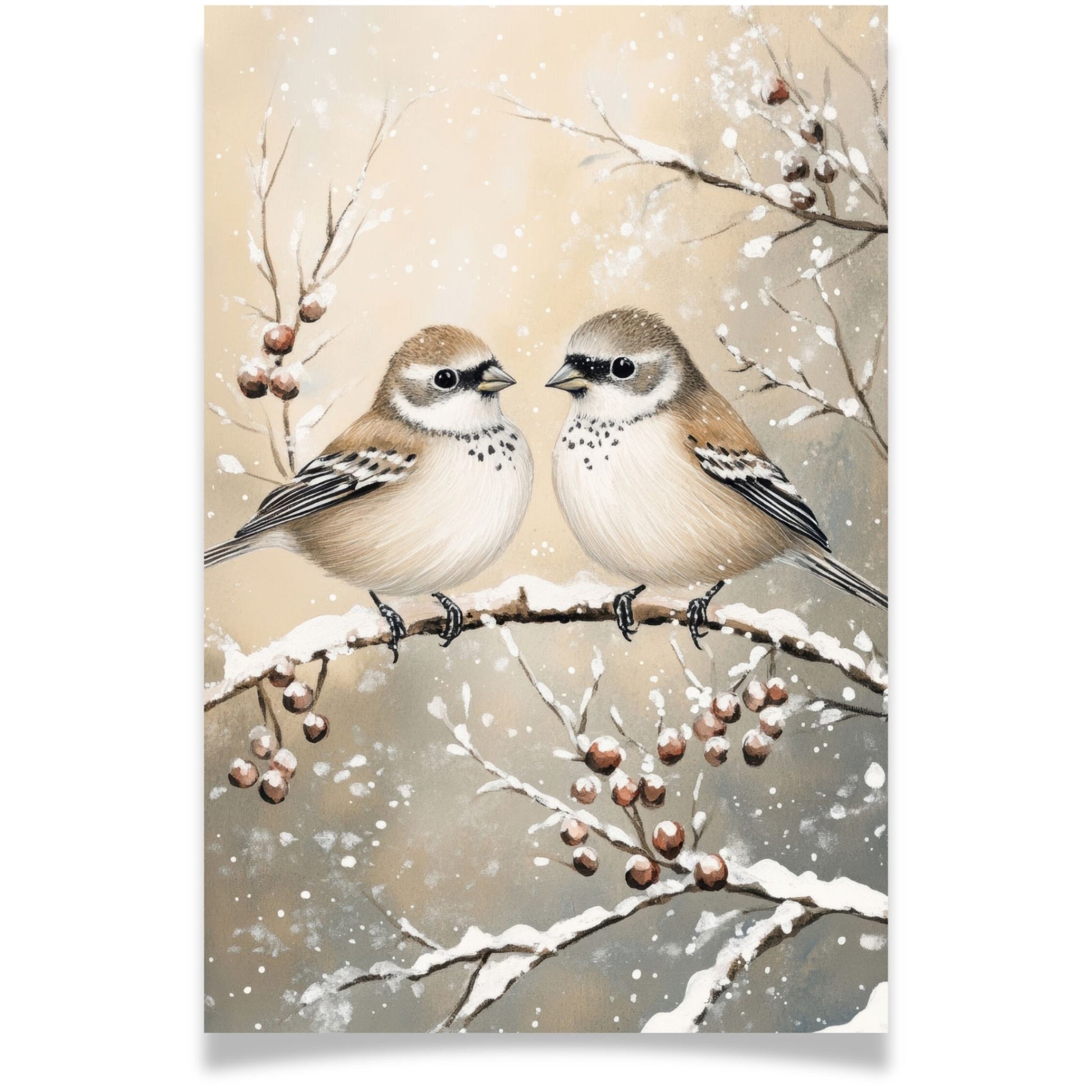 Julekort med to små fugler på snødekket gren – Cozy Winter Story Collection. Med personlig hilsen.