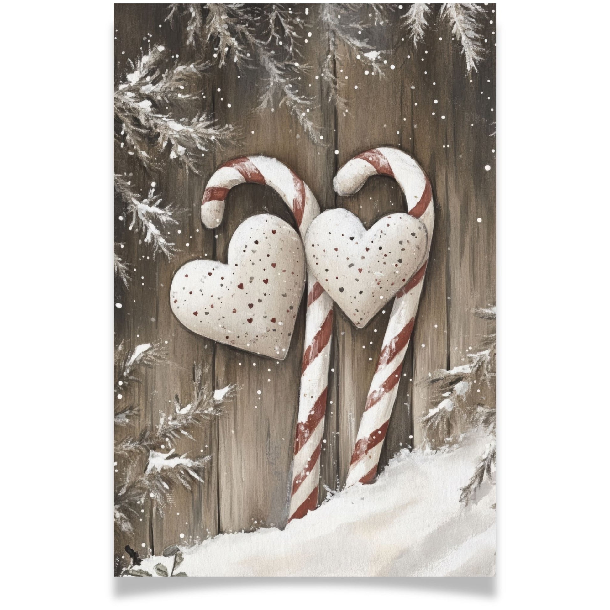 Julekort med sukkerstenger og hjerter i rødt og hvitt – Cozy Winter Story Collection. Med personlig hilsen.