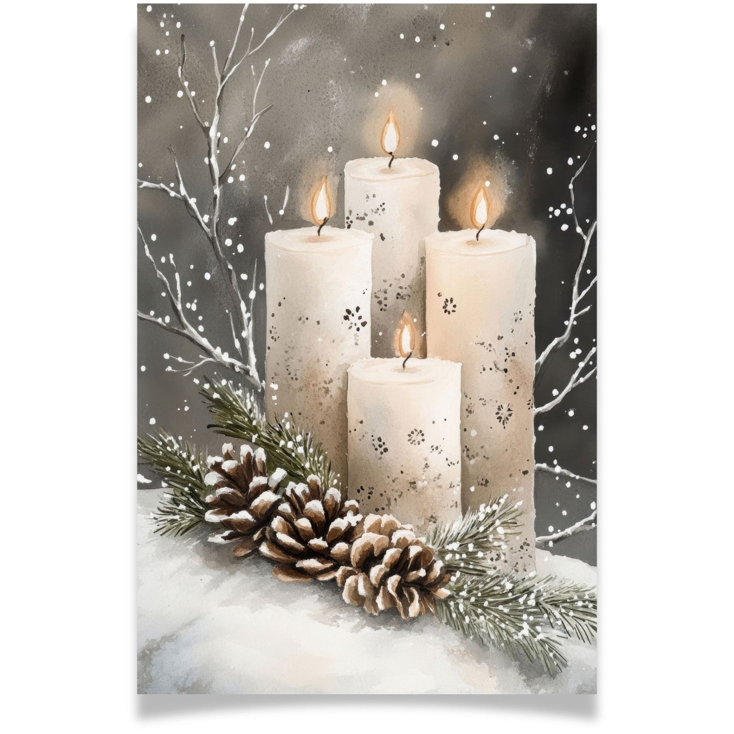 Julekort med tente lys, kongler og granbar – Cozy Winter Story Collection. Med personlig hilsen.