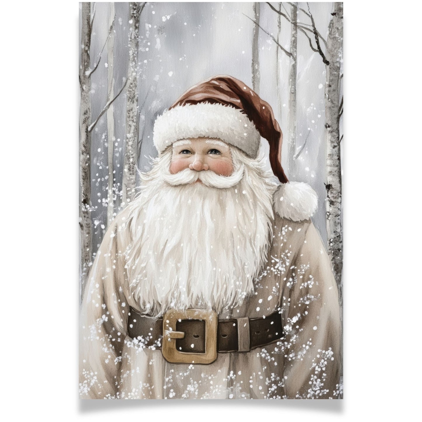 Julekort med julenisse i brun drakt i vinterlandskap – Cozy Winter Story Collection. Med personlig hilsen.