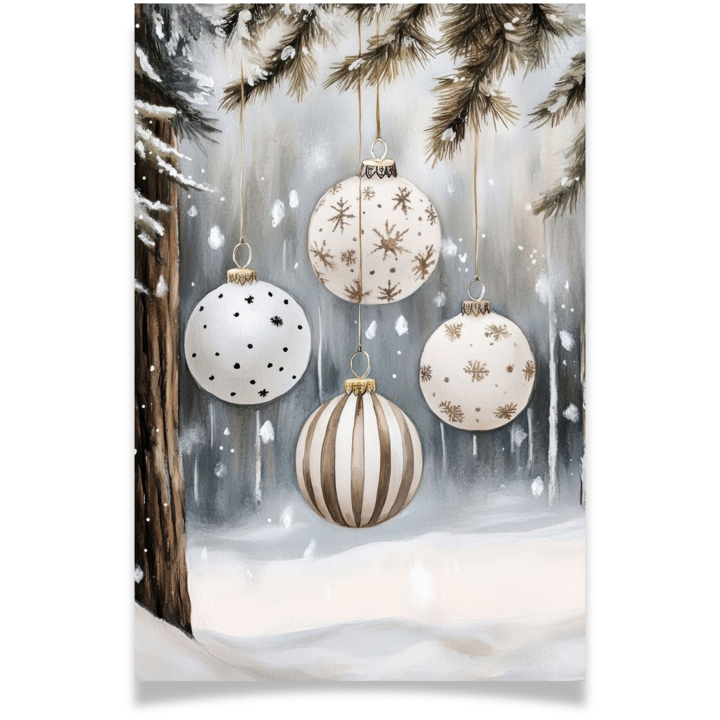 Julekort med hengende julekuler i gull og hvitt – Cozy Winter Story Collection. Med personlig hilsen.