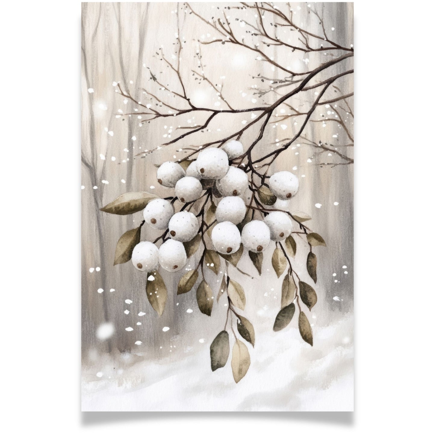 Julekort med snøhvite bær på gren – Cozy Winter Story Collection. Med personlig hilsen.