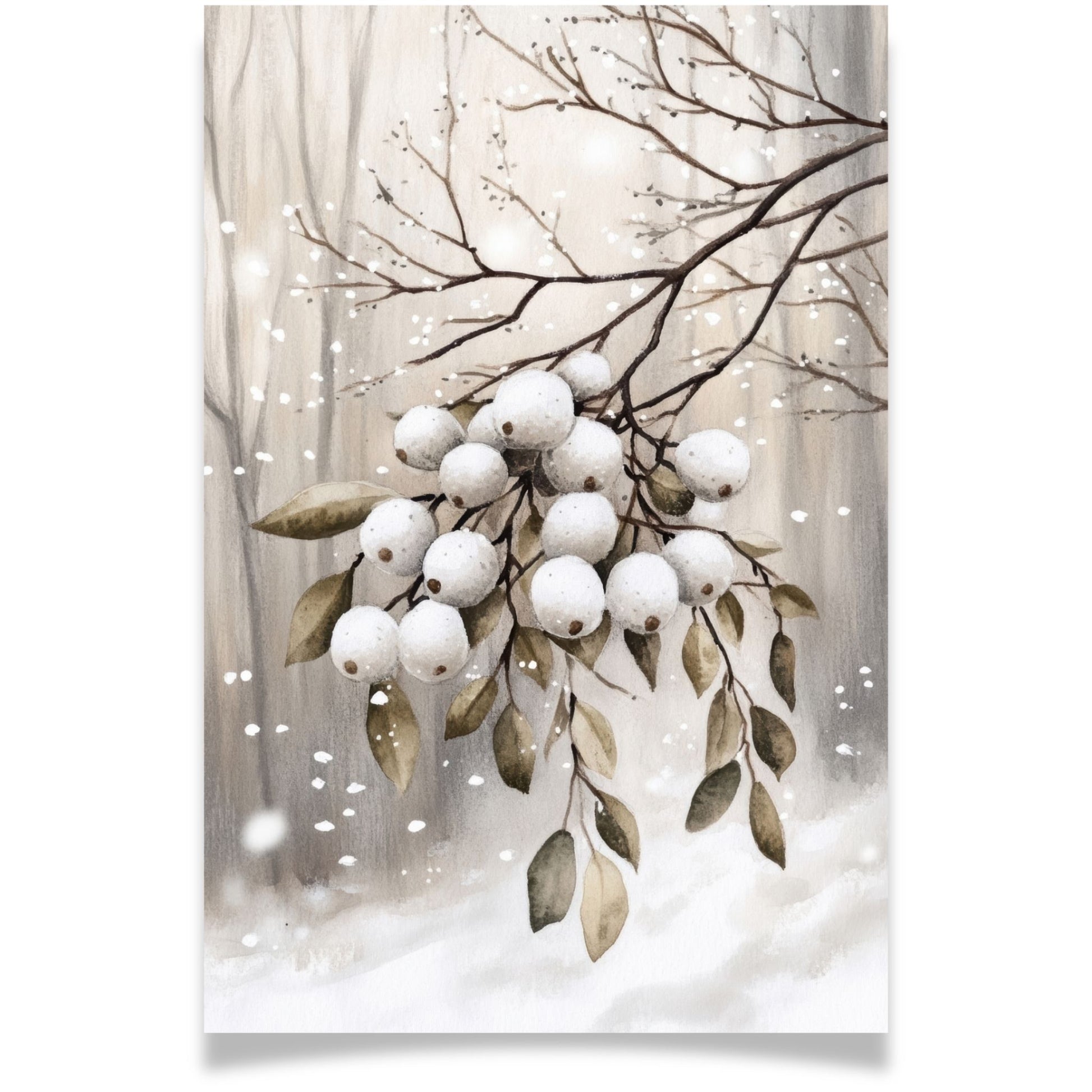 Julekort med snøhvite bær på gren – Cozy Winter Story Collection. Med personlig hilsen.