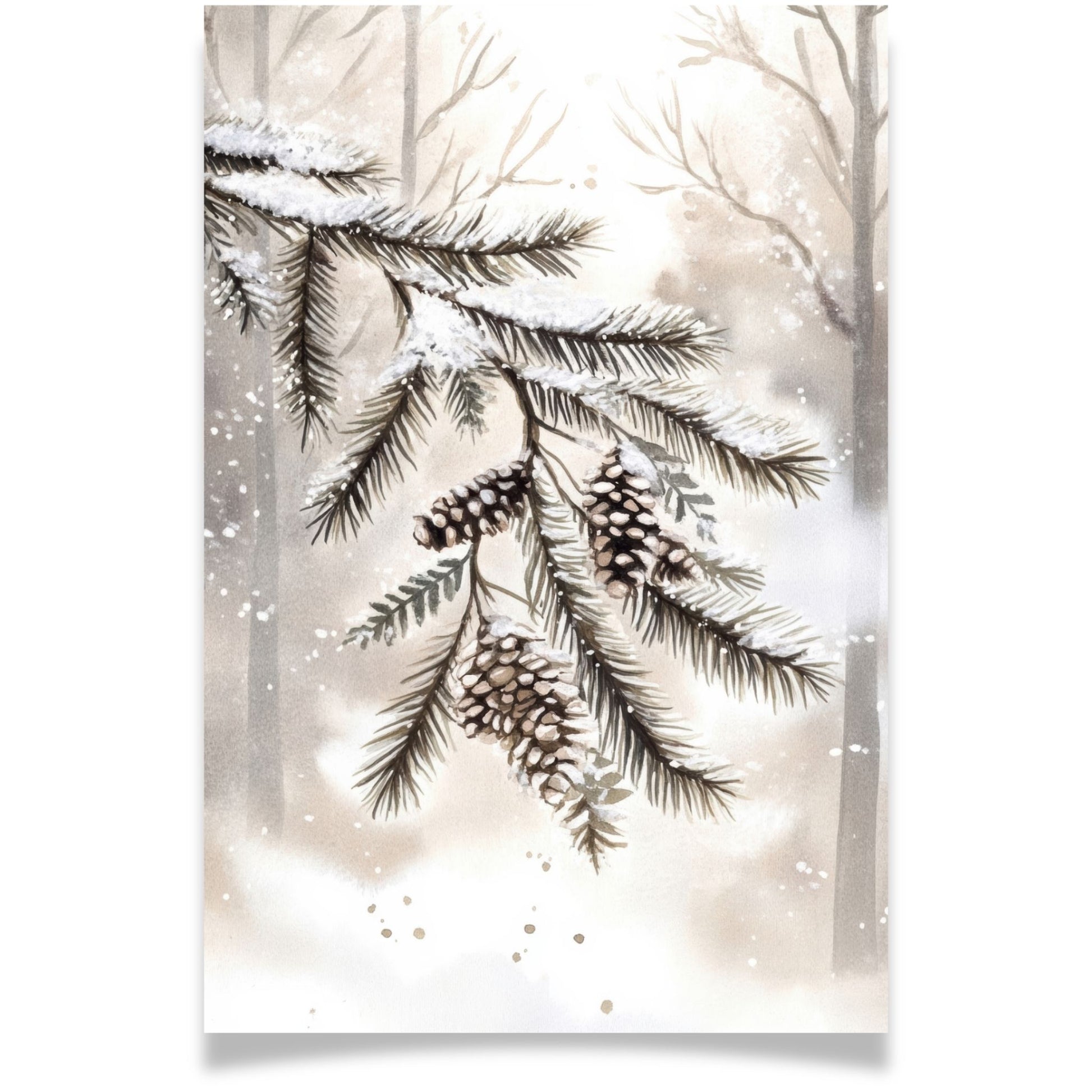 Julekort med granbar og kongler i snø – Cozy Winter Story Collection. Med personliug hilsen.