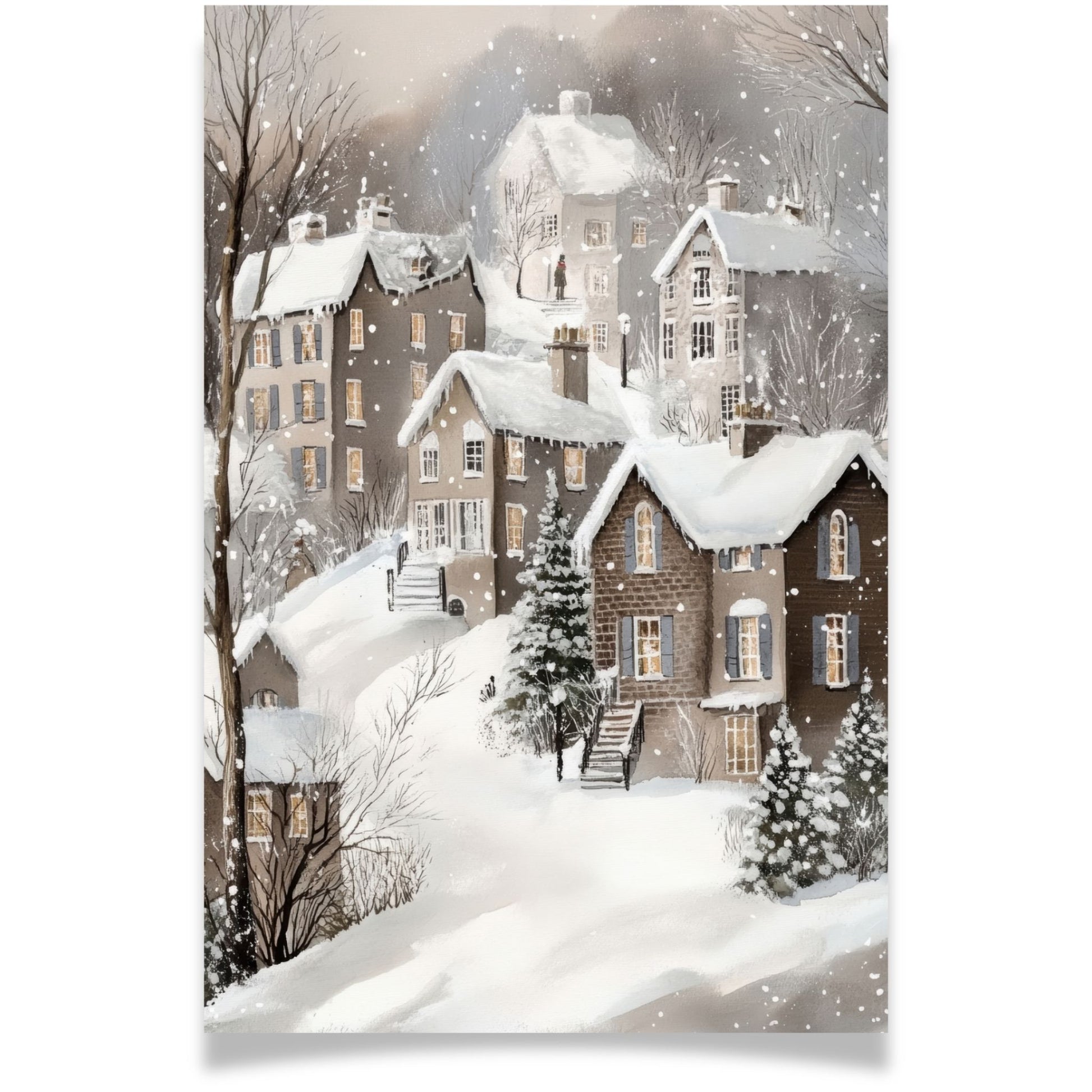 Julekort med snødekket vinterby og tente vinduer – Cozy Winter Story Collection. Med personig hilsen.