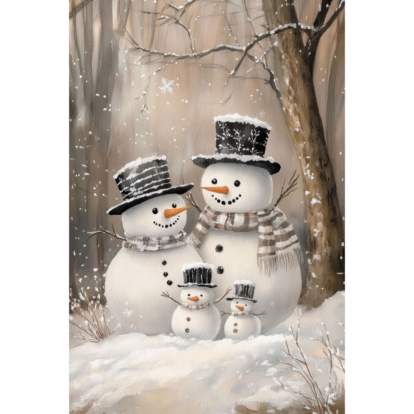 Julekort med snømenn i familie omgitt av vintertrær – Cozy Winter Story Collection. Valgfritt med personlig hilsen.