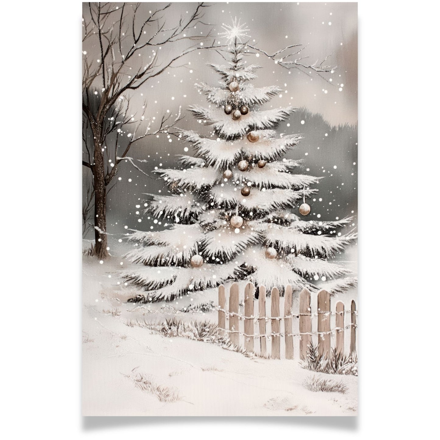 Julekort med pyntet juletre bak hvitt gjerde i vinterlandskap – Cozy Winter Story Collection. Valgfritt med personlig hilsen.