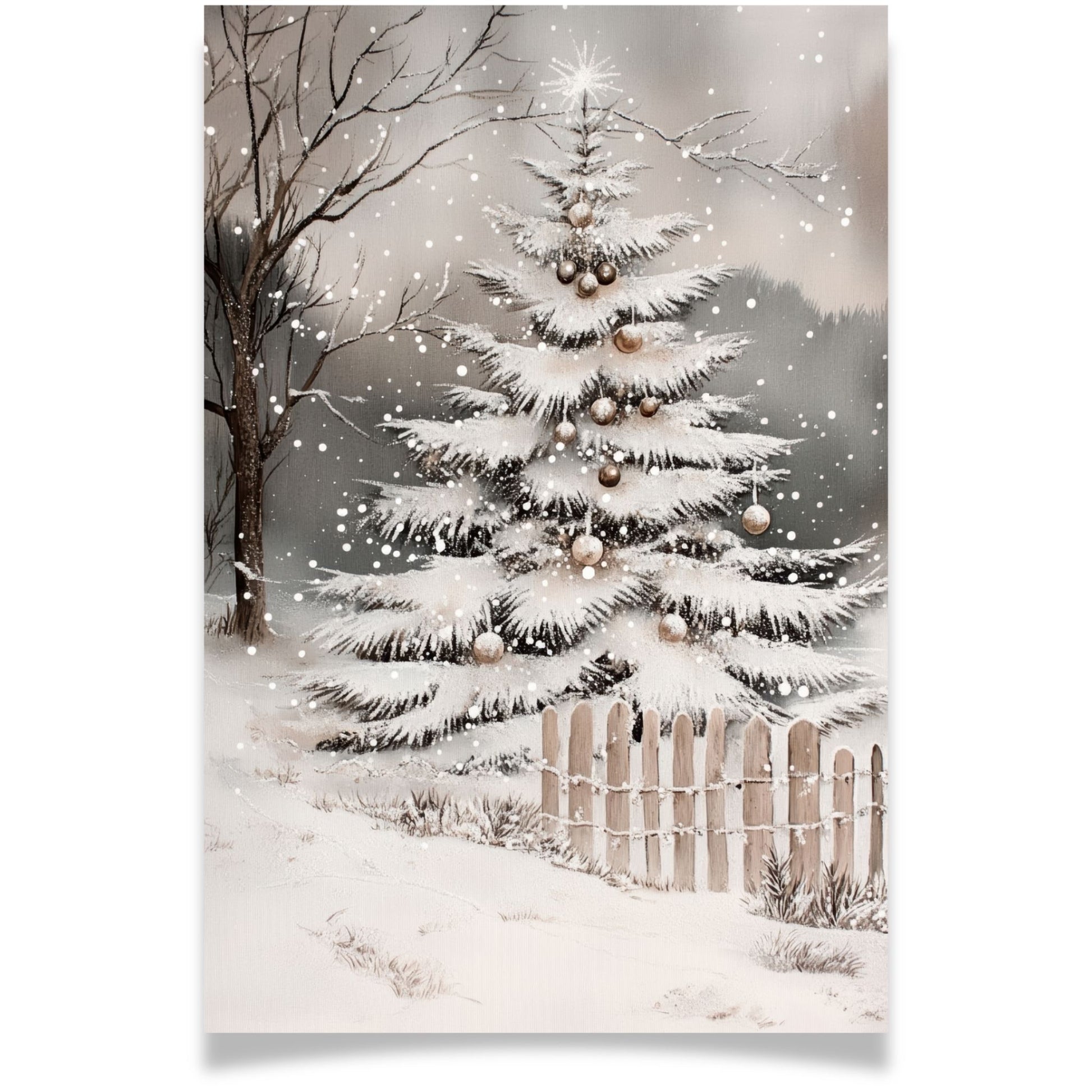 Julekort med pyntet juletre bak hvitt gjerde i vinterlandskap – Cozy Winter Story Collection. Valgfritt med personlig hilsen.