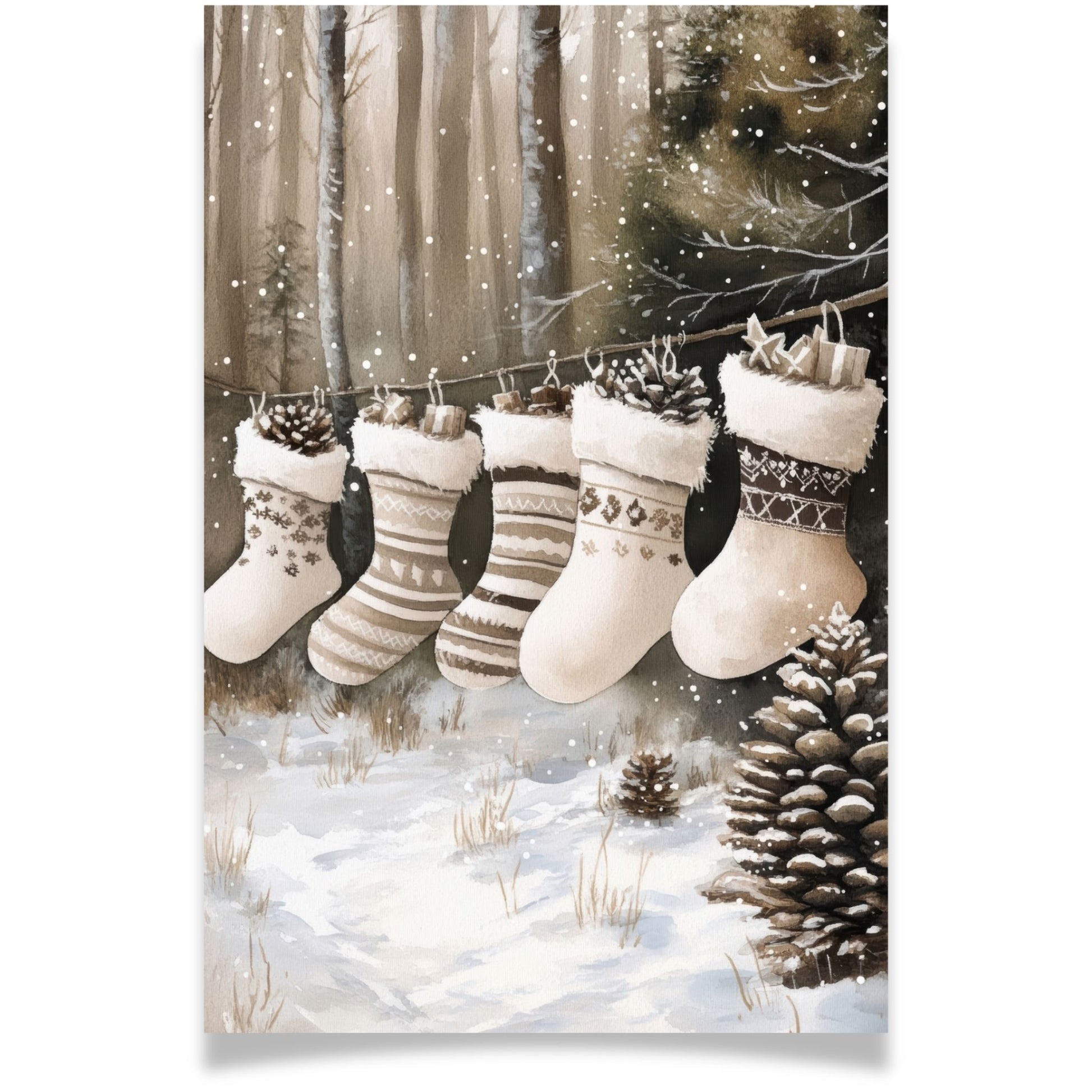 Julekort med julestrømper fylt med gaver og kongler – Cozy Winter Story Collection. Valgfritt med personlig hilsen.