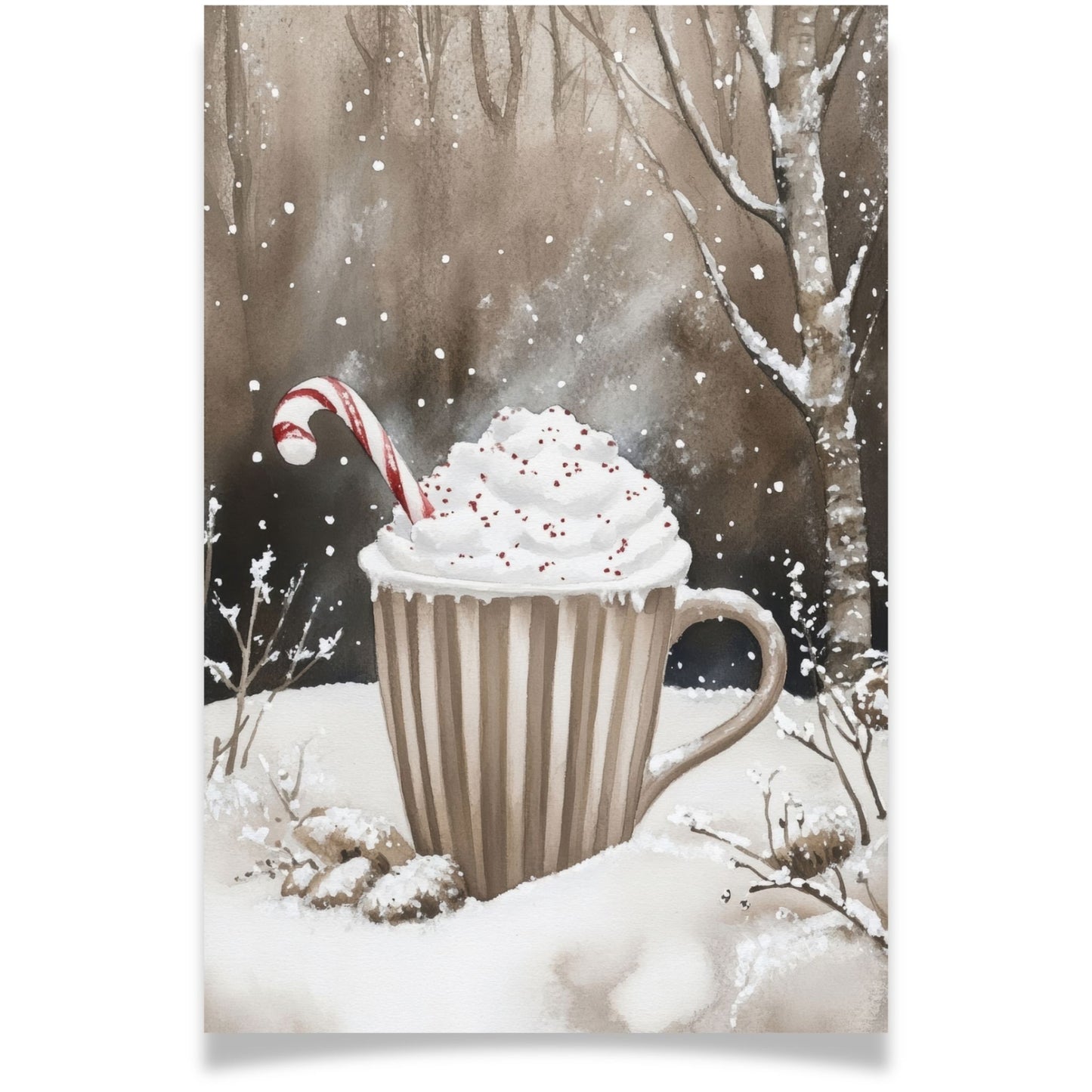 Julekort med kopp kakao med krem og sukkerstang i snø – Cozy Winter Story Collection. Valgfritt med personlig hilsen.