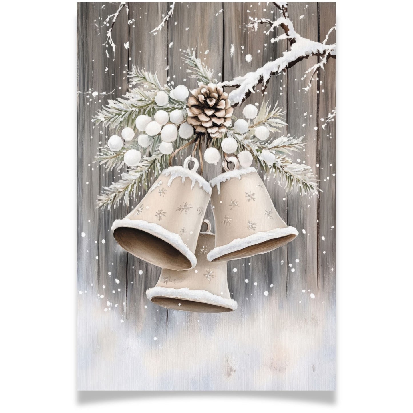 Julekort med bjeller og kongle på gren mot trevegg – Cozy Winter Story Collection. Valgfritt med personlig hilsen.