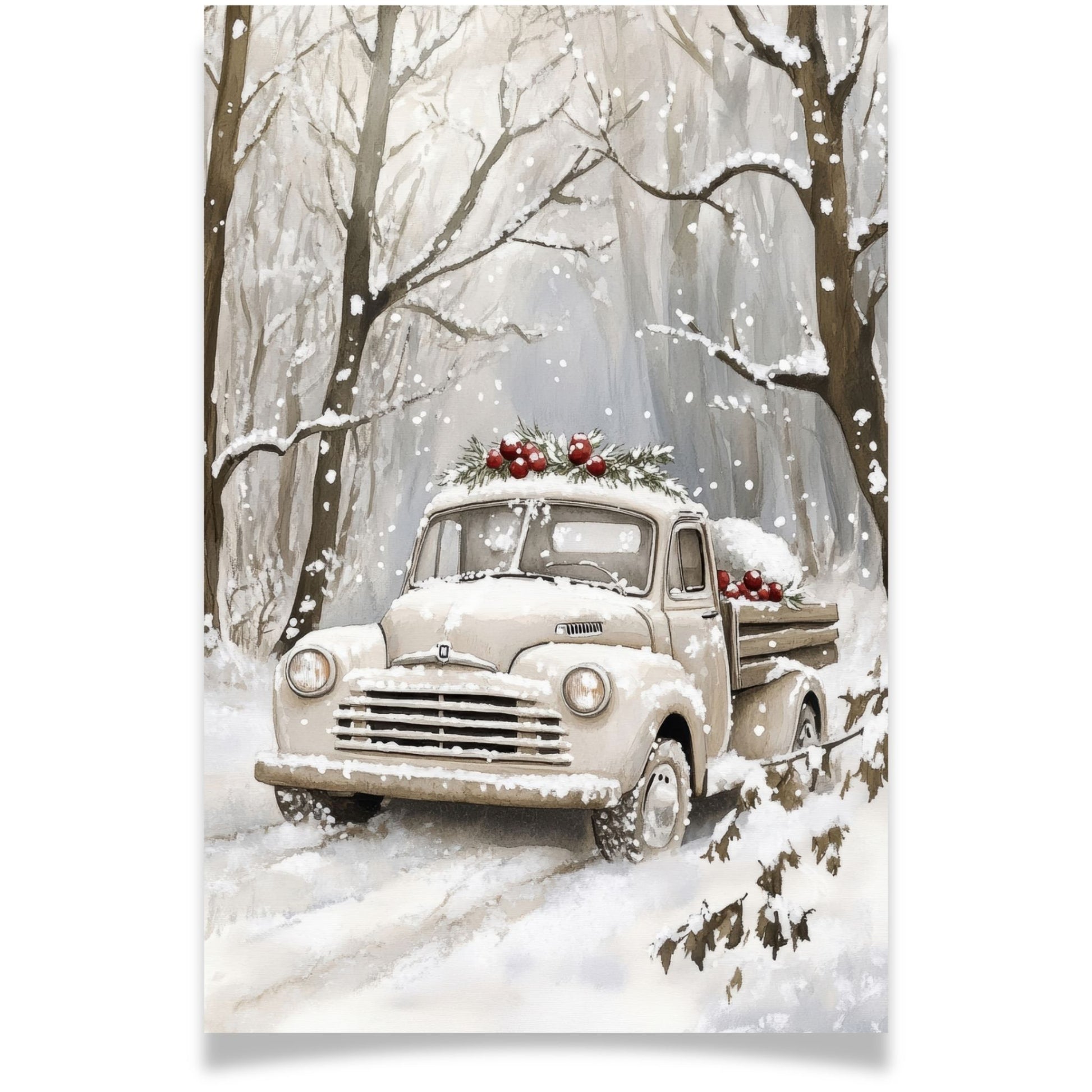 Julekort med gammel bil pyntet med julegrønt og røde bær – Cozy Winter Story Collection. Valgfritt mede personlig hilsen.