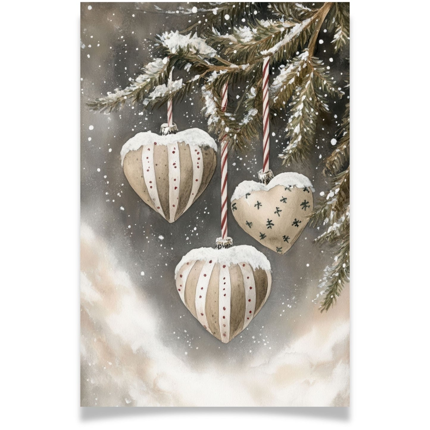 Julekort med hengende hjerter og kuler i snø – Cozy Winter Story Collection. Valgfritt med personlig hilsen.