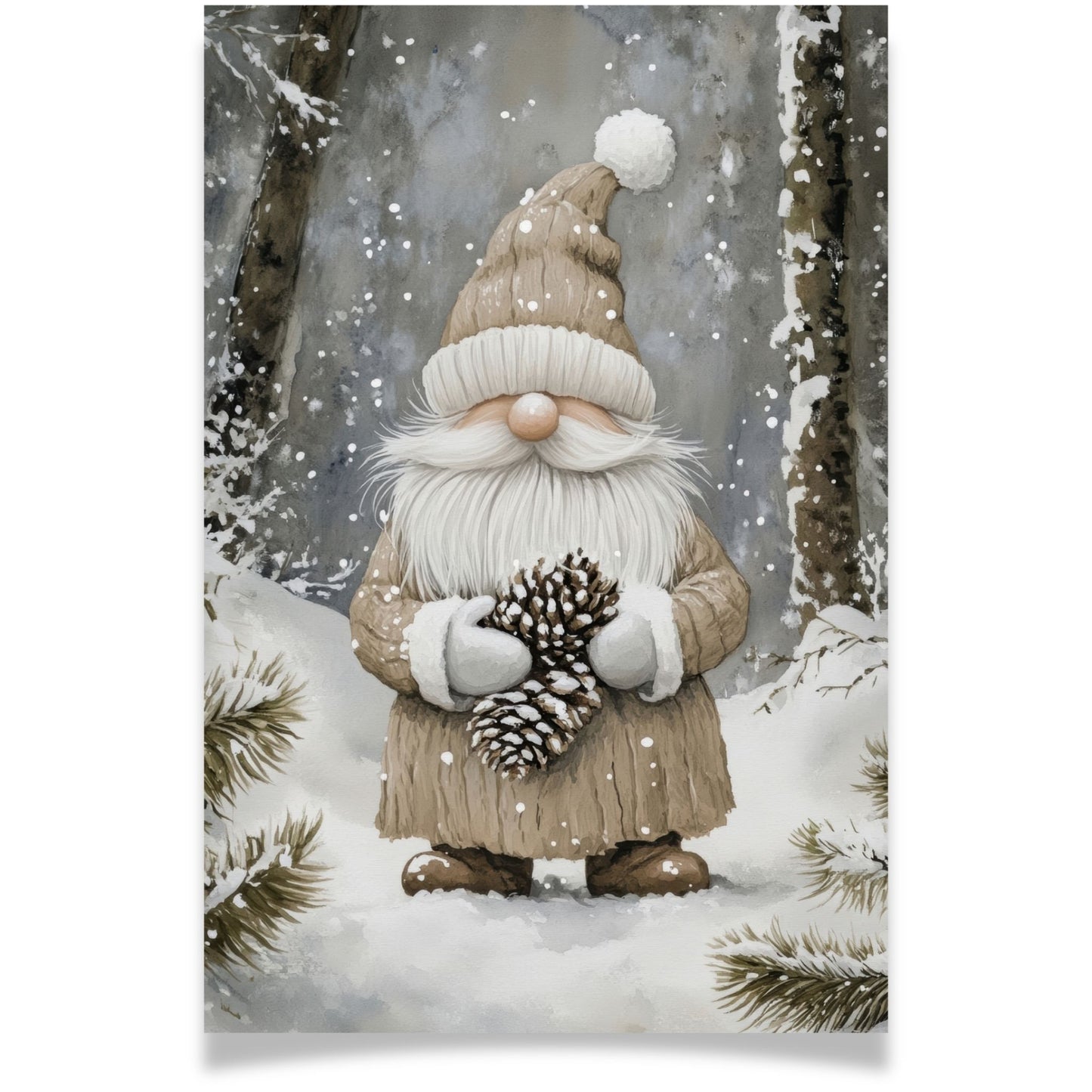 Julekort med nisse i brun drakt som holder en kongle – Cozy Winter Story Collection. Valgfrit med personlig hilsen