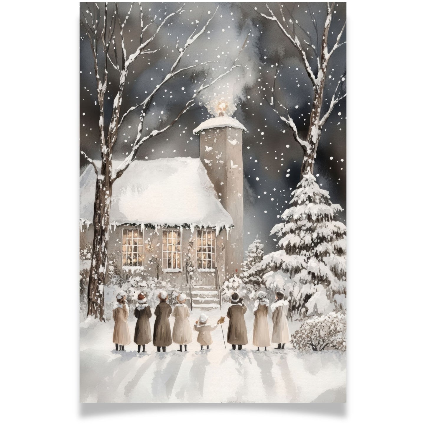 Julekort med folk som synger julesanger foran kirke i snø – Cozy Winter Story Collection. Valgfritt med personlig hilsen.